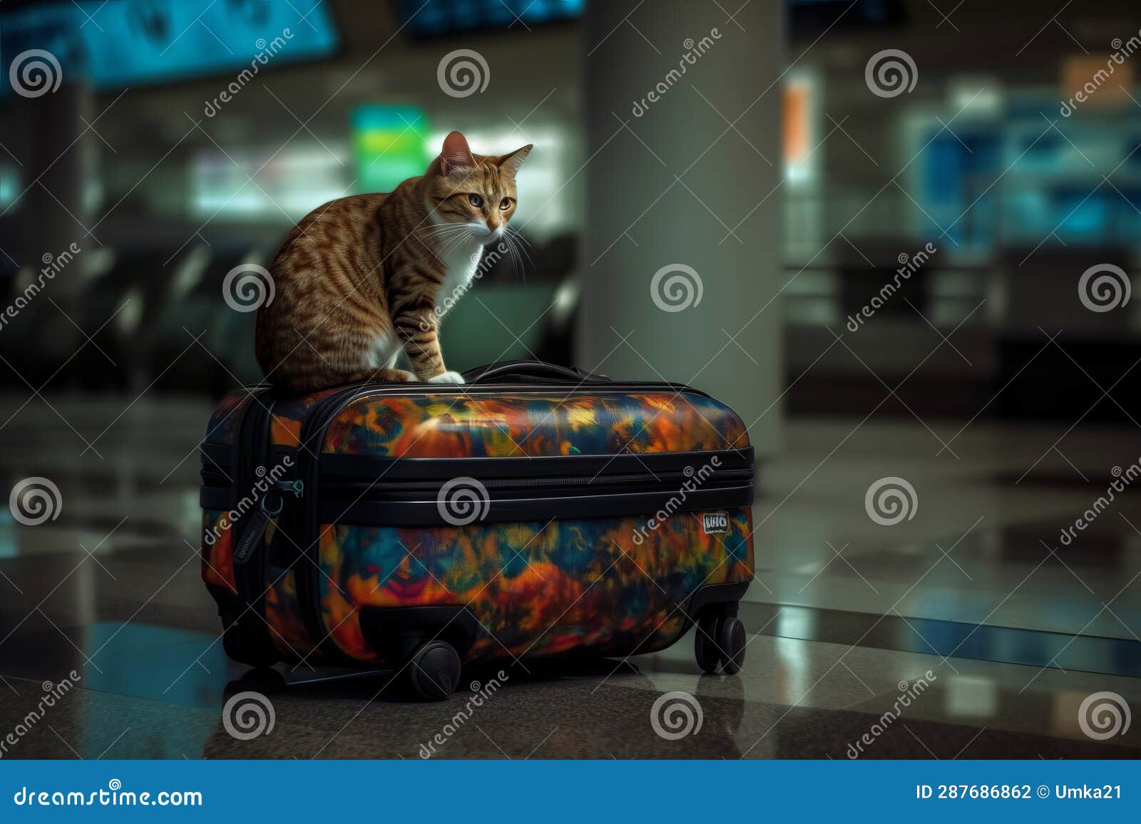 A Cat is Sitting on Suitcases, in the Airport Room Stock Illustration