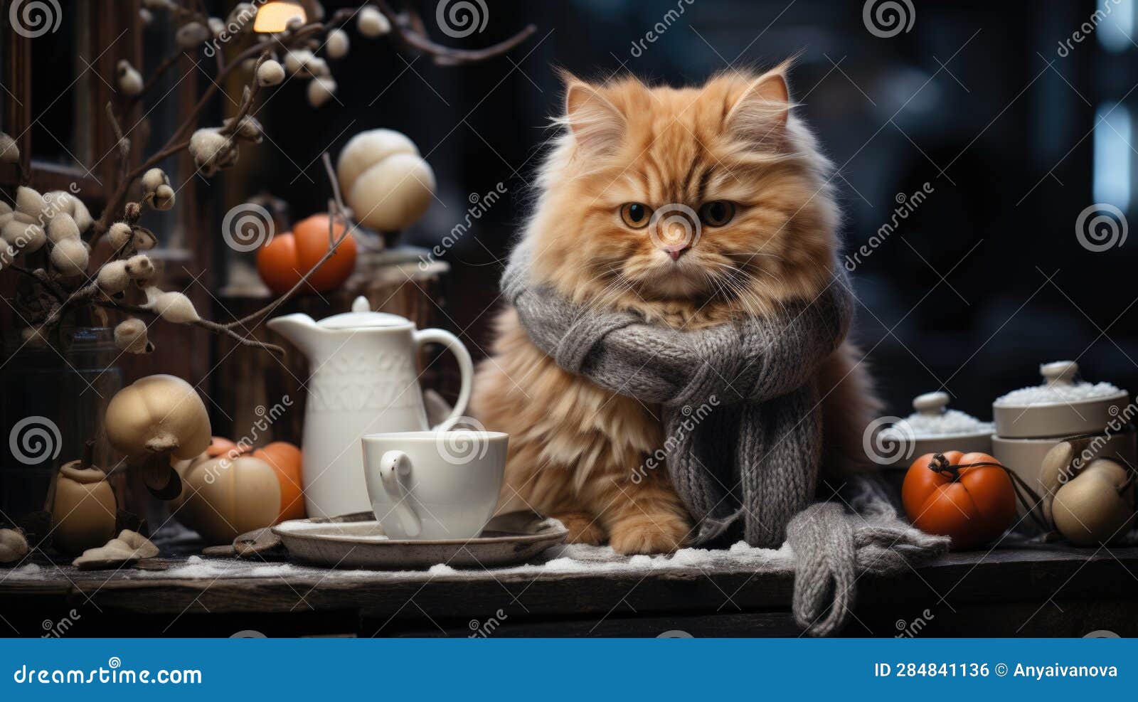 A Cat Sitting on a Table with a Cup and Saucer. Stock Illustration