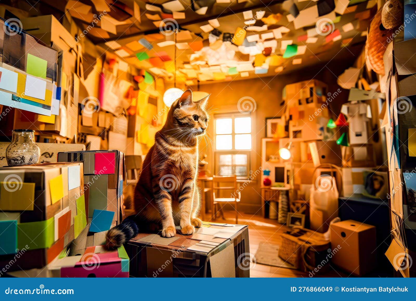 Cat Sitting on Top of Box in Room Filled with Boxes. Generative AI