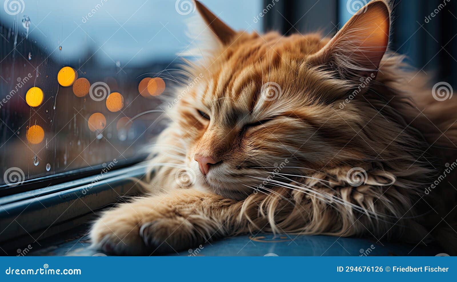 A Cat is Sleeping on a Window Sill, Blue Monday Stock Photo Image of