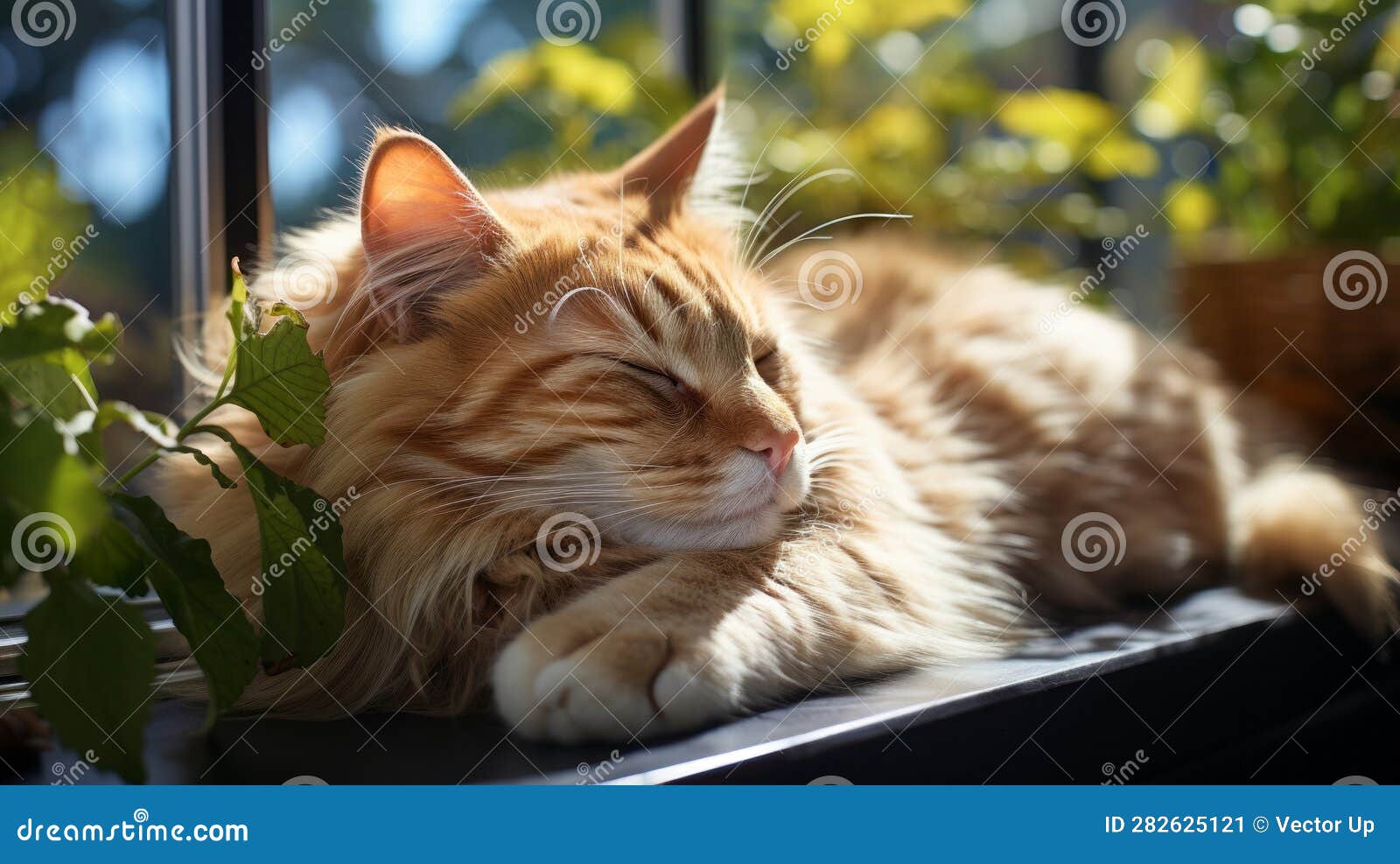 Cat Sleeping on Window Sill Closeup. Generative AI. Stock Illustration