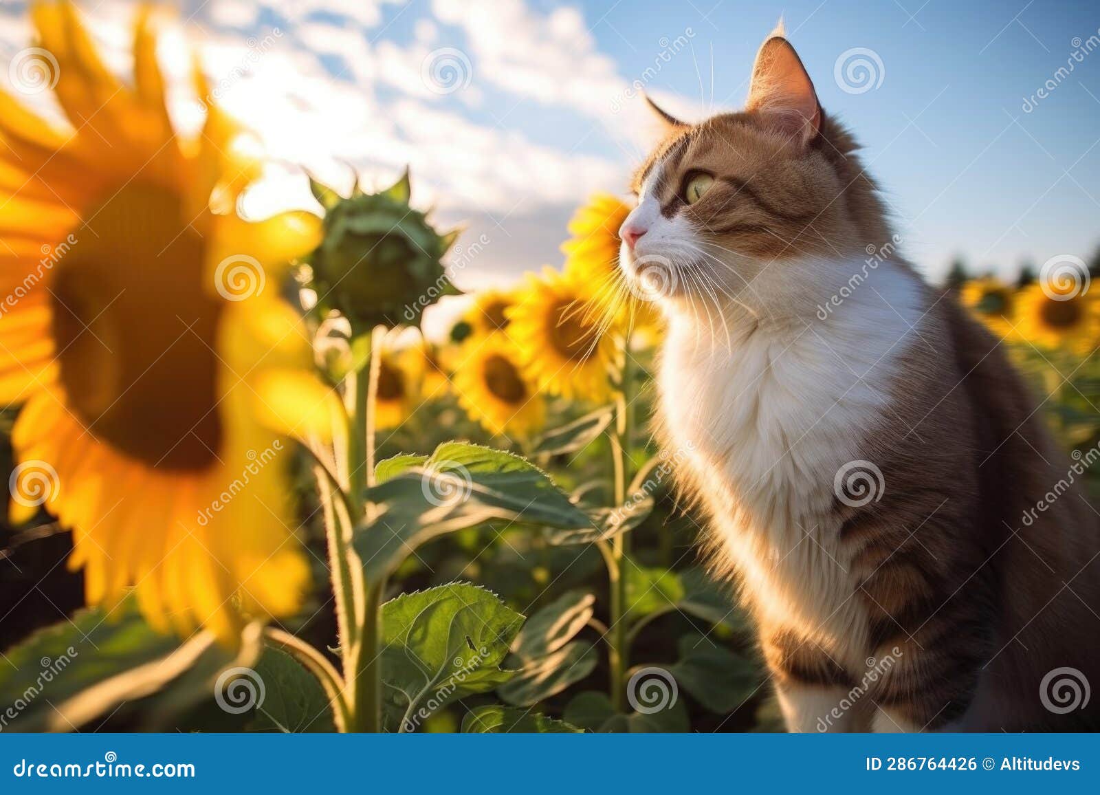 Cat Sniffing a Sunflower in a Sunlit Field Stock Illustration