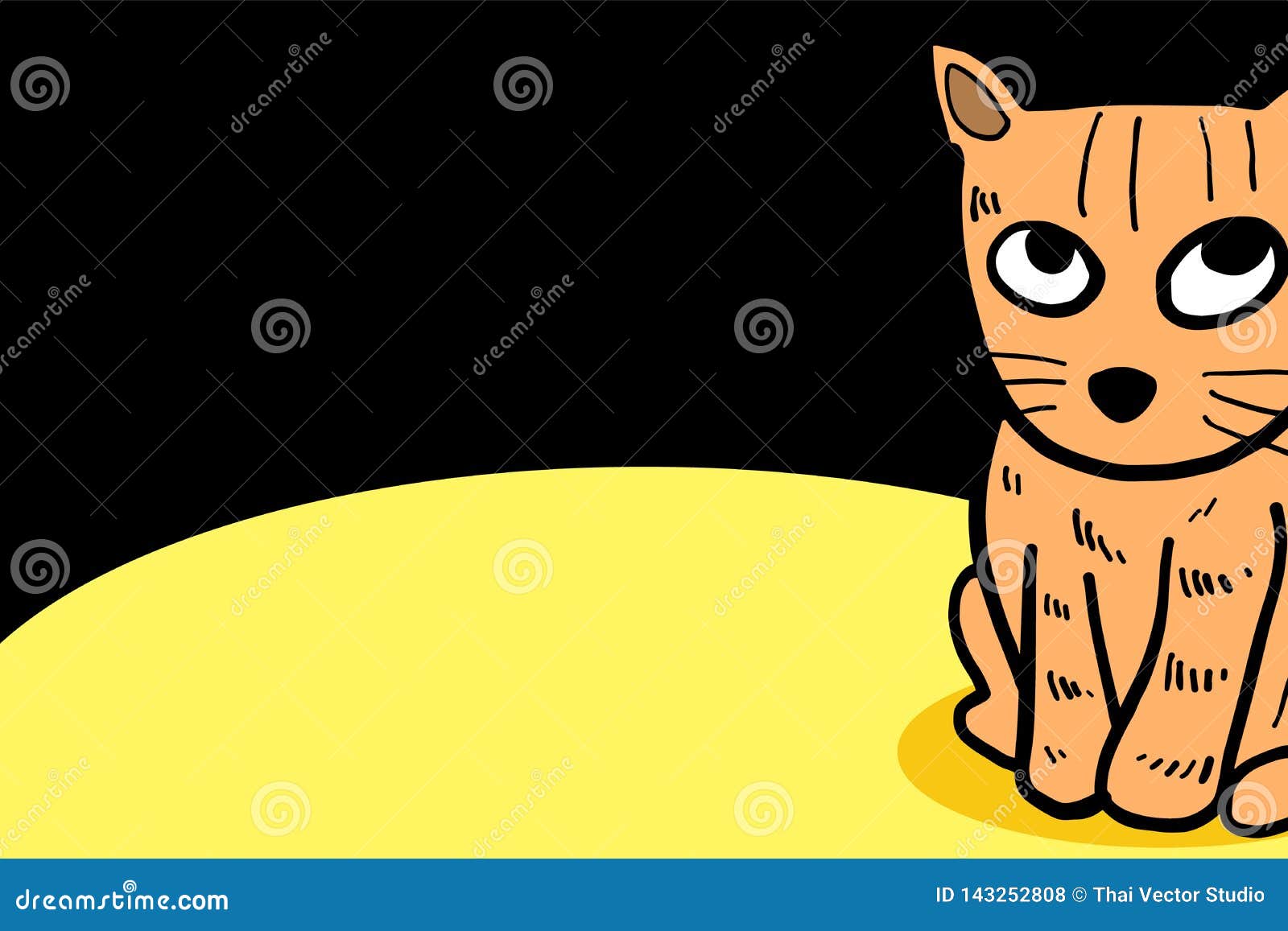 cat standing into corner on yellow hill with black background.