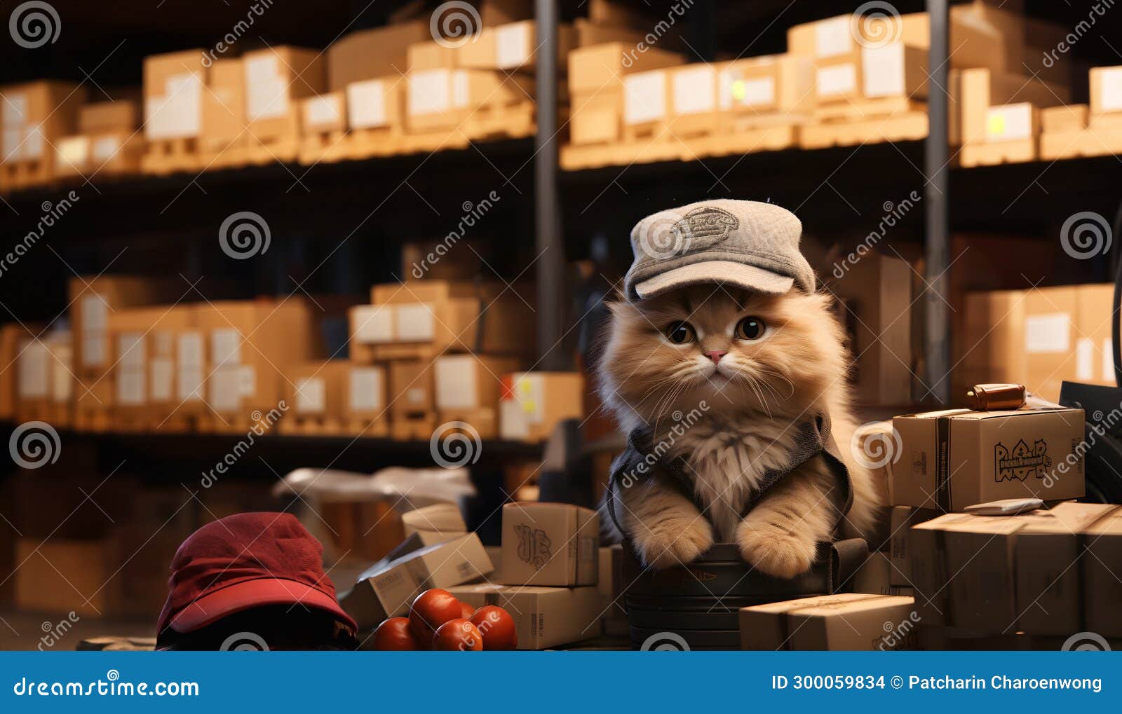 Cat Standing in Delivery Service Warehouse the Postman Delivers a Large