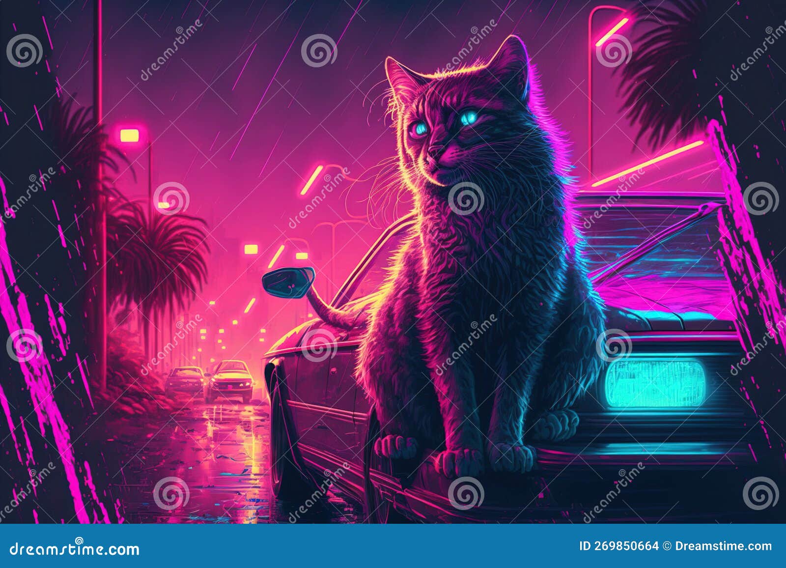 Cat Synthwave Vaporwave Style Under Neon Light Conceptual Character ...