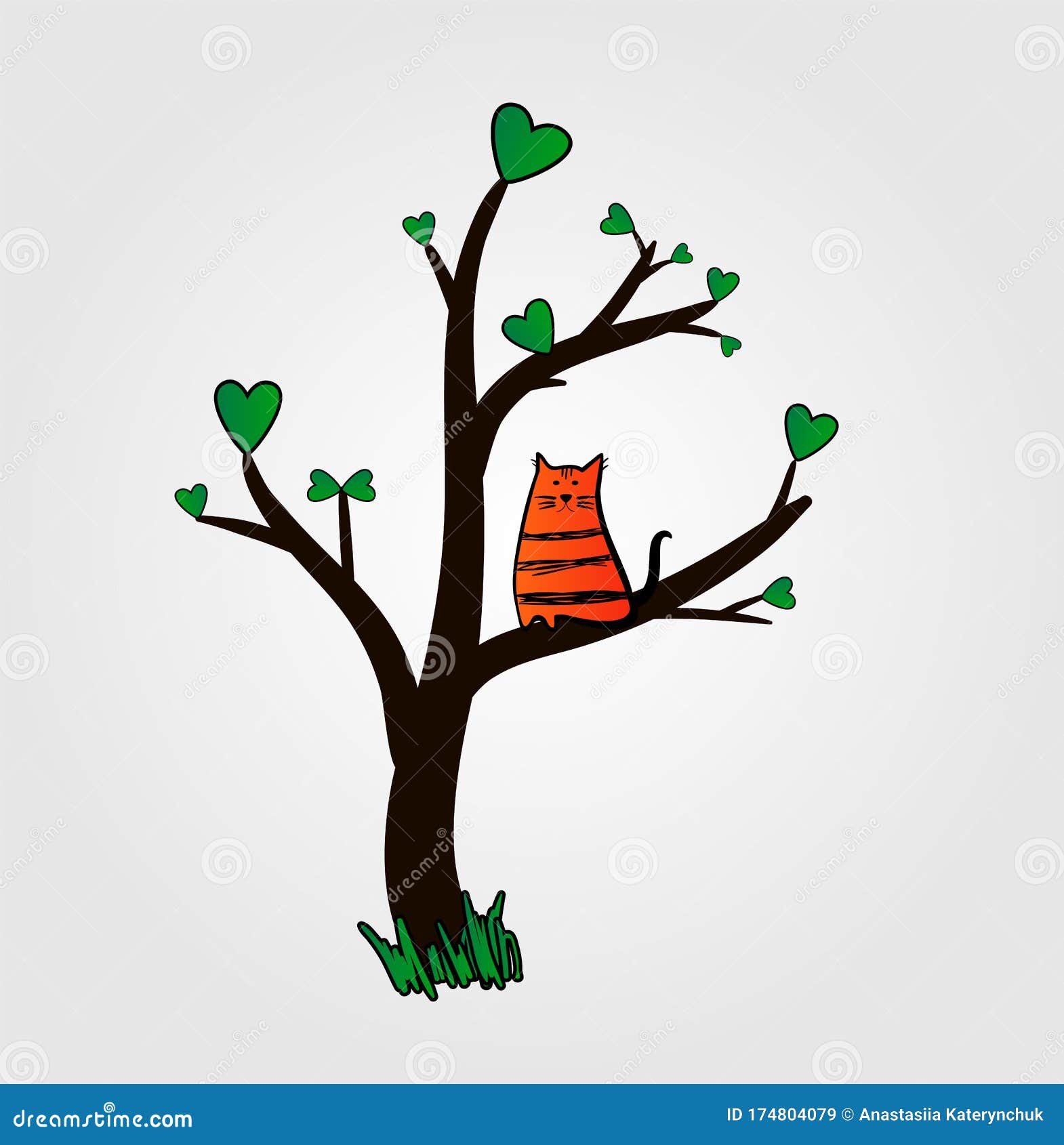 Cat on tree, spring, love. stock illustration. Illustration of leaf