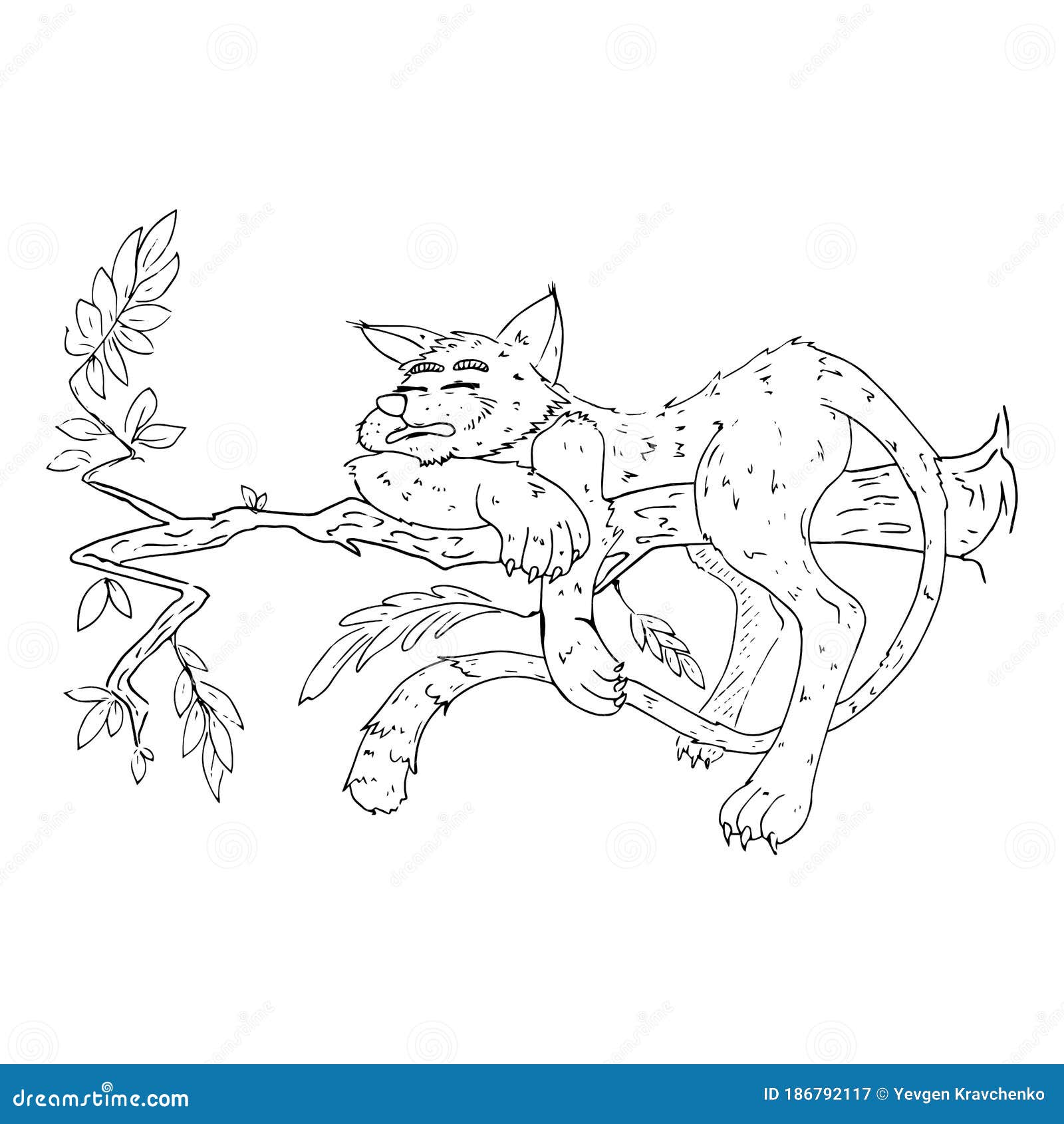 Cat on a Tree. Vector Illustration of a Cat with a Long Tail on a Tree