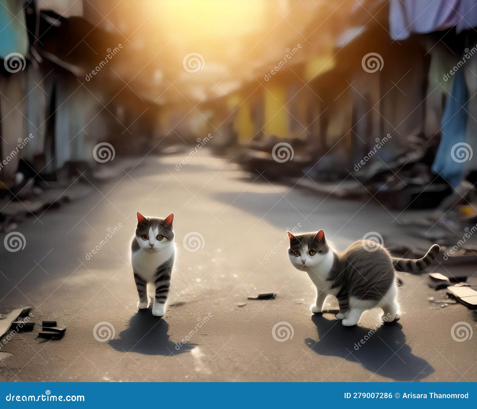 cute baby cat walking in slum with godlight -generative ai