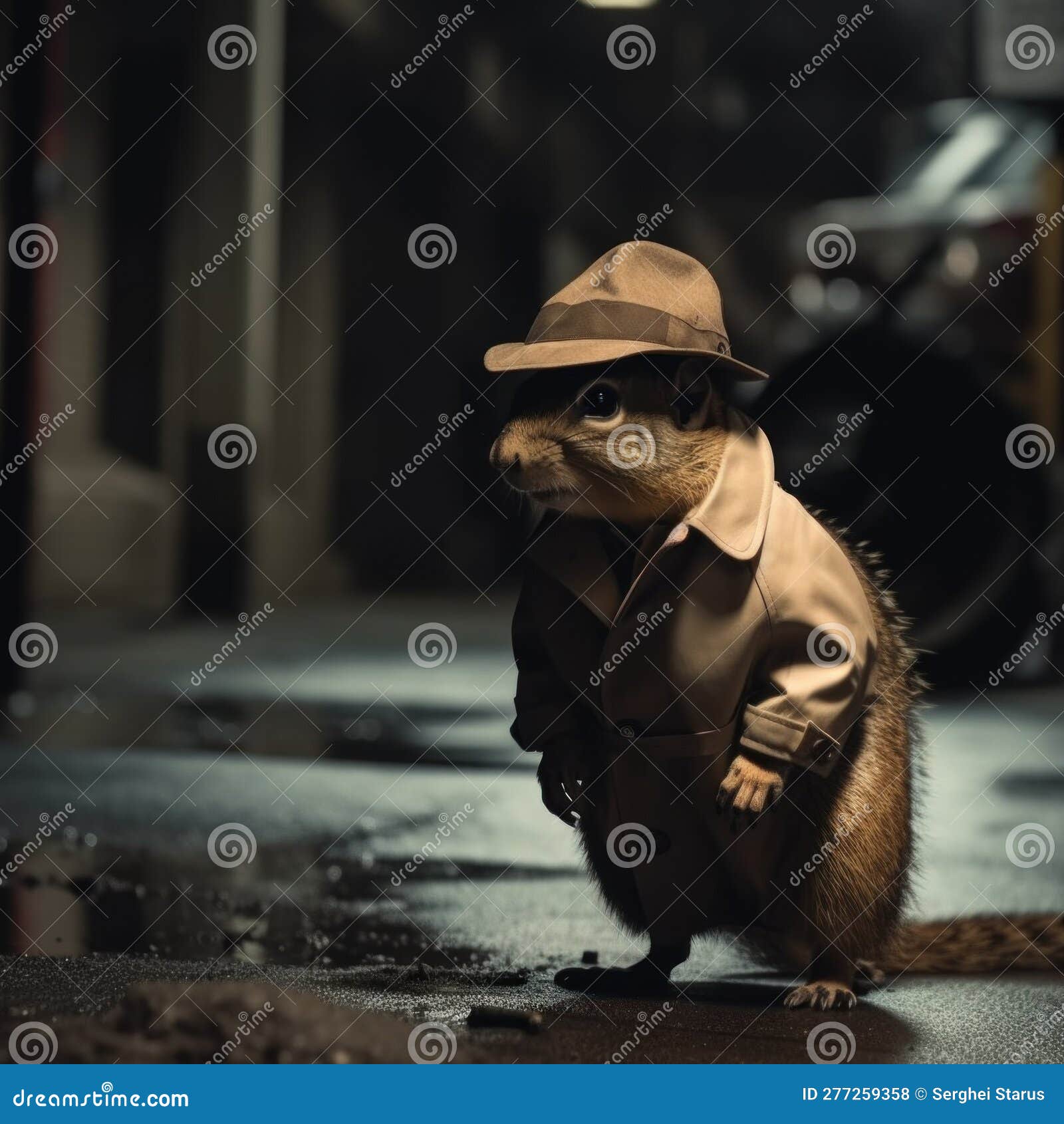 A Cat Wearing a Hat and Trench Coat. Generative AI Image. Stock