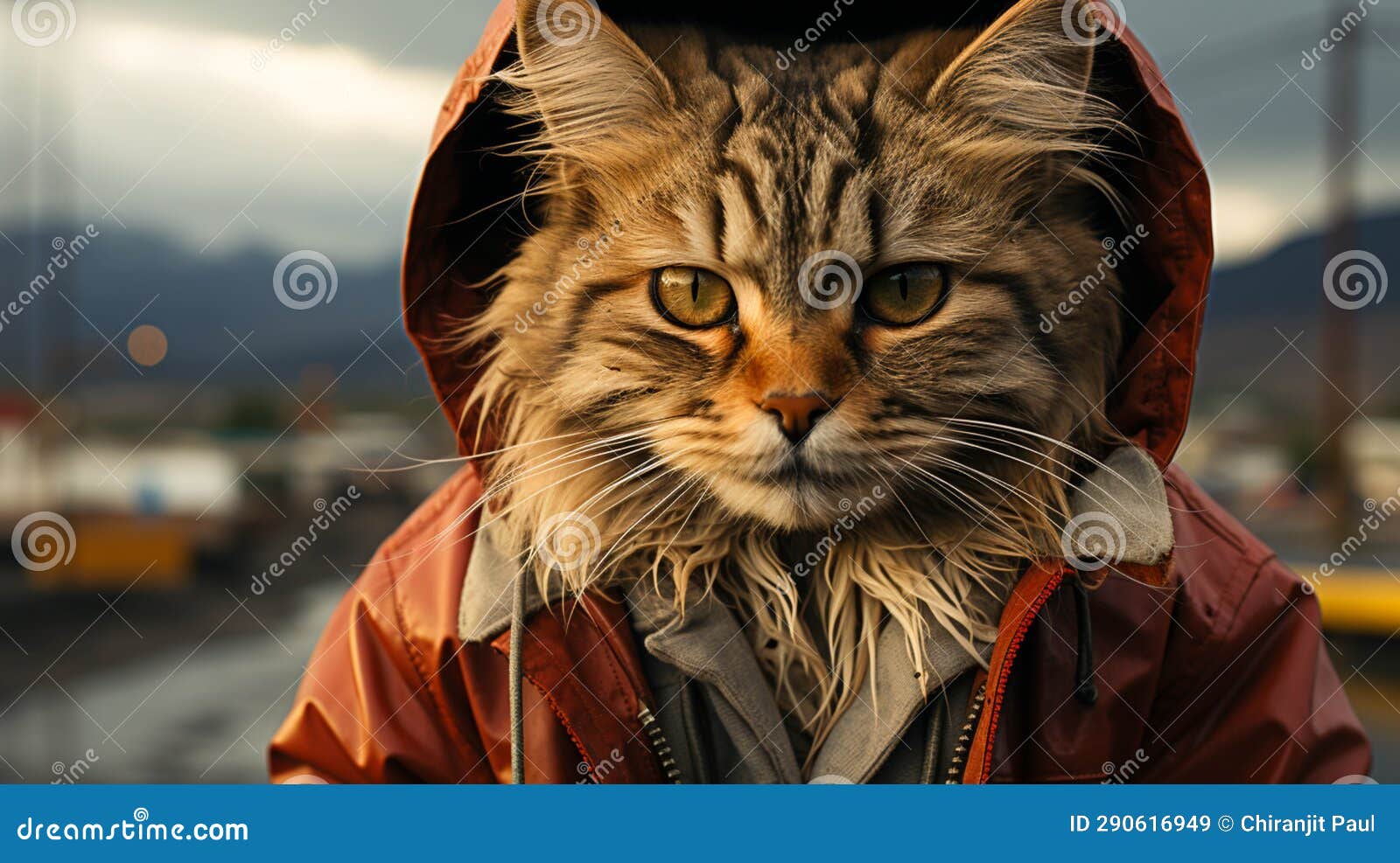 A Cat Wearing a Jacket on the Road Stock Illustration Illustration of