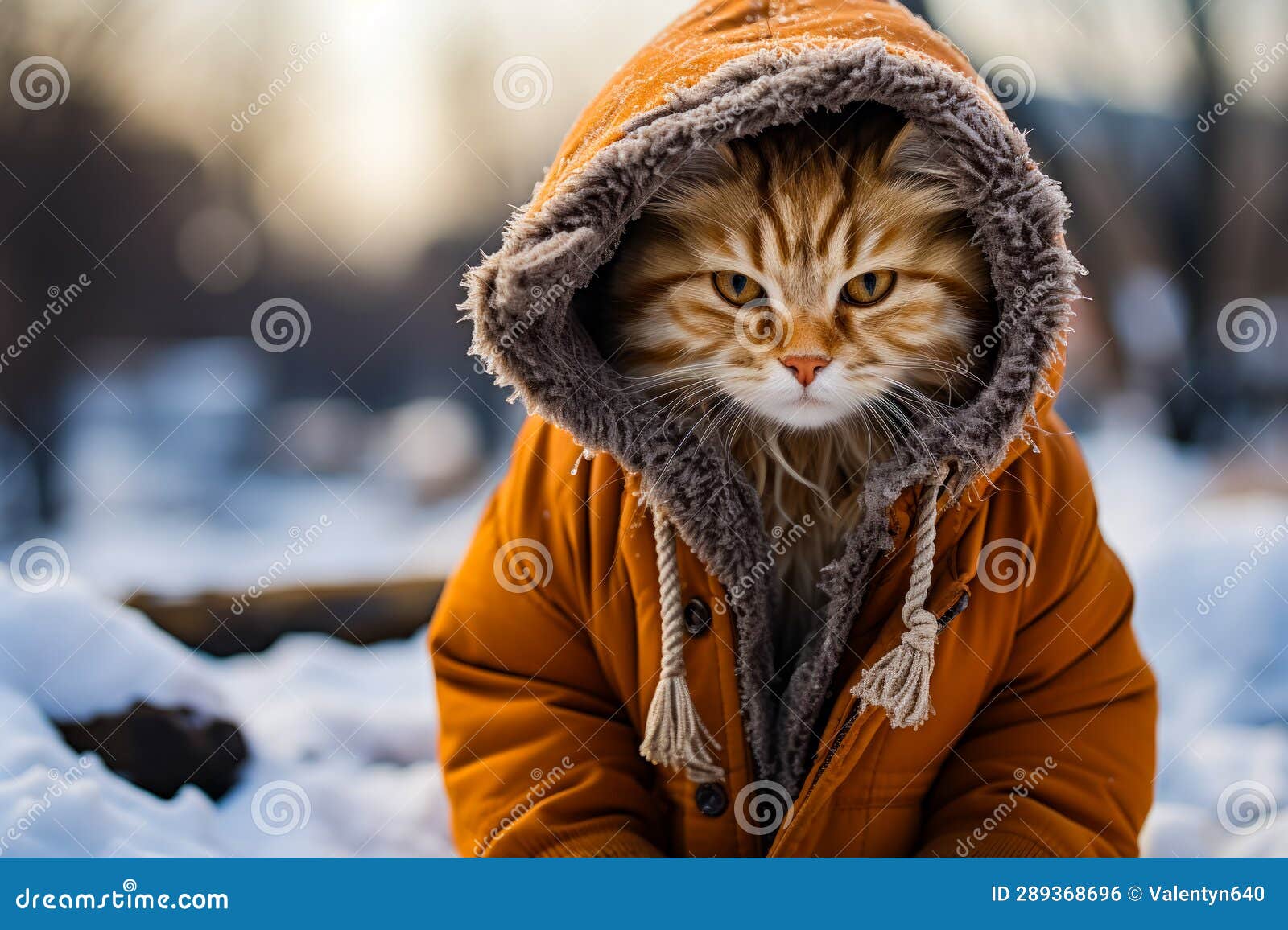 Cat Wearing Jacket in the Snow with Hood. Generative AI Stock