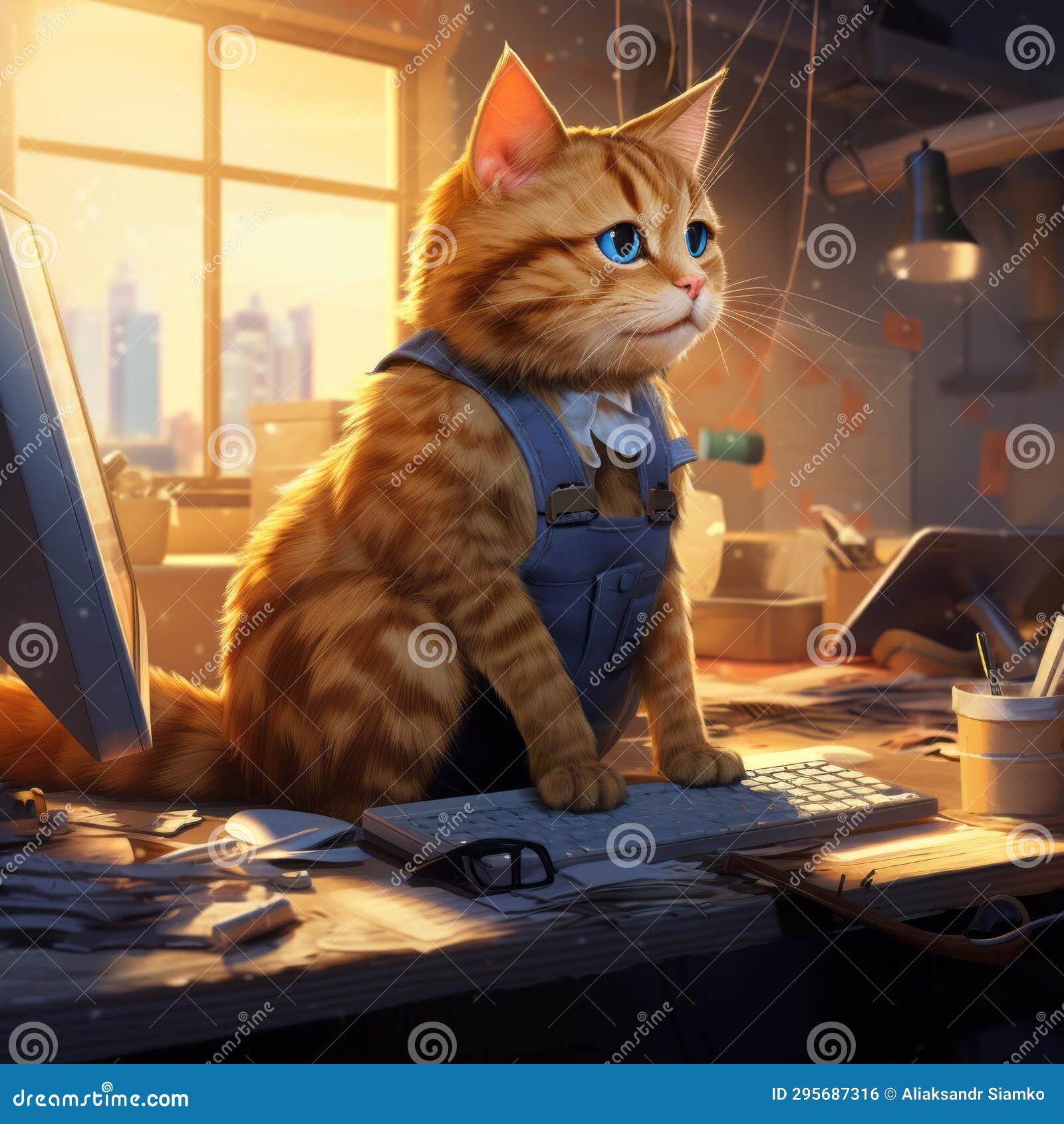 A Cat Wearing Overalls Sitting on a Desk Stock Photo - Image of kitten