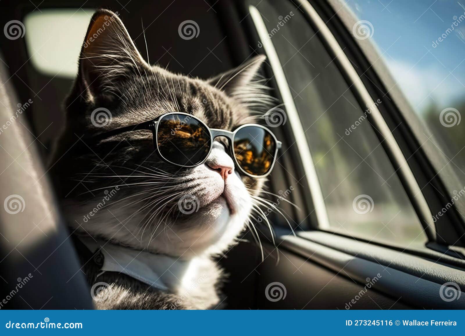 cat wearing sunglasses on car window. generative ai.