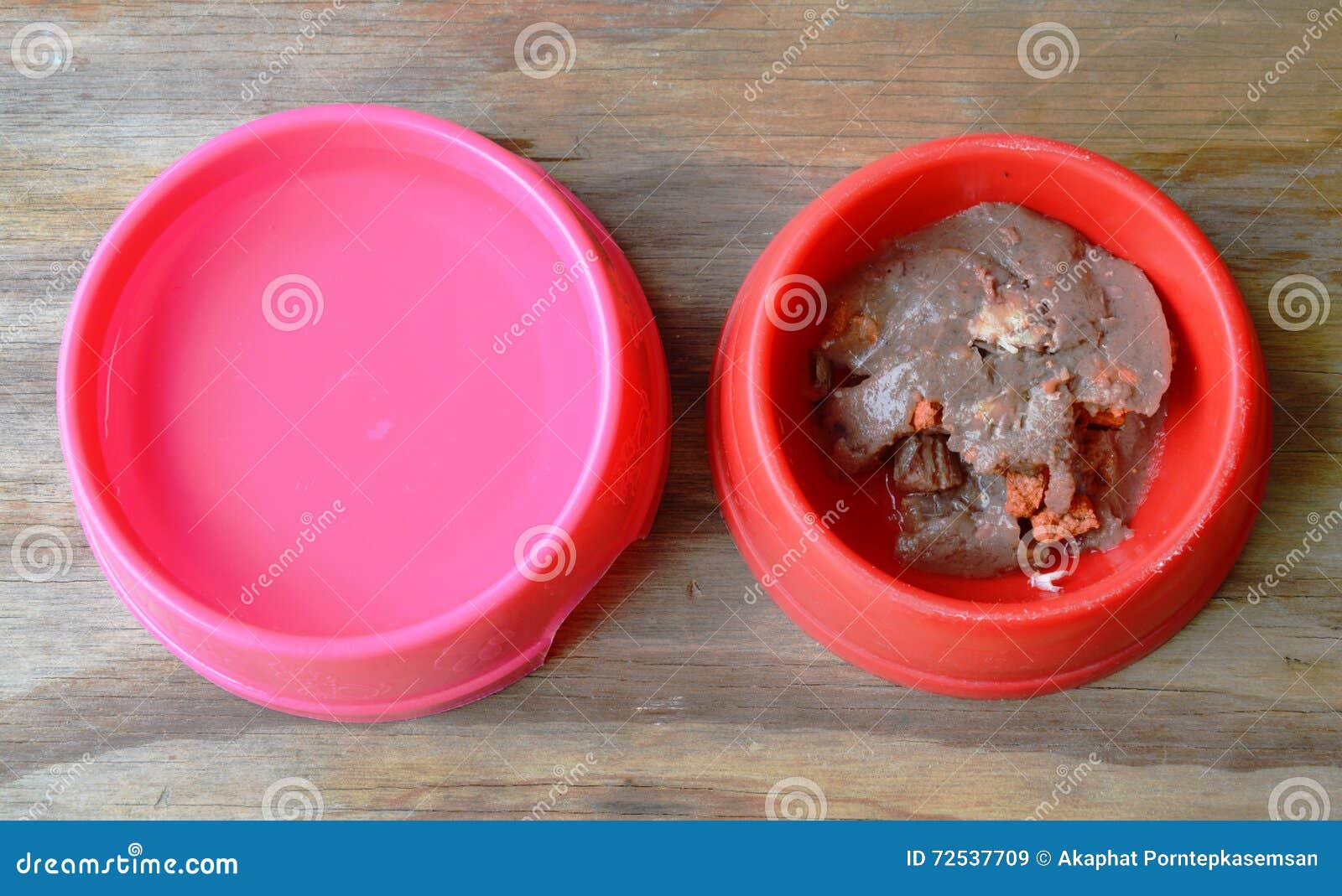 Cat Wet Food In Red Plastic Bowl And Clean Water Stock