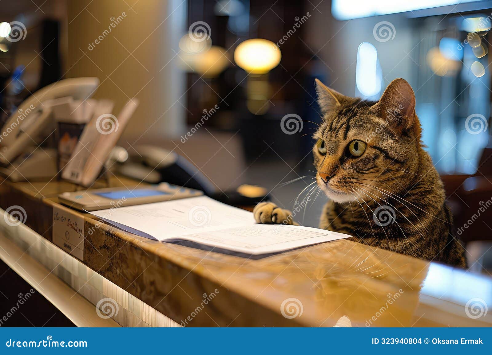 cat working as receptionist, reception desk cats, friendly hotel cat service, cat behind hotel counter