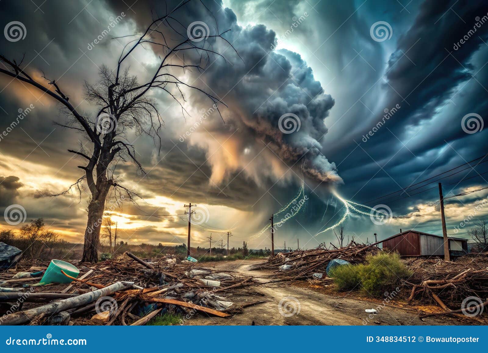 a cataclysmic storm rages across a ravaged landscape ominous clouds swirl in a turbulent vortex of wind and