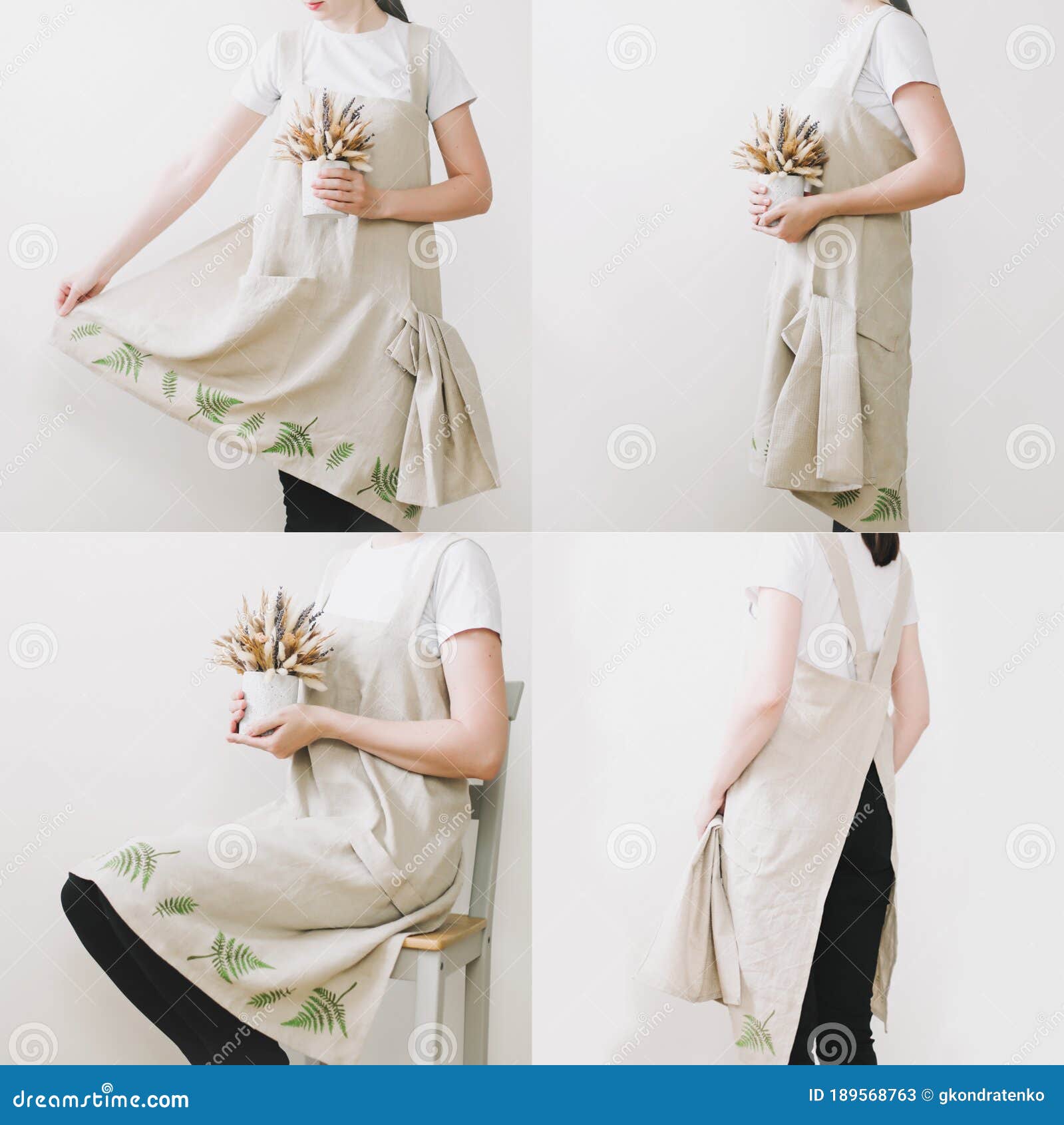 Catalog of Kitchen Linen Apron on a Female Model, Front View Three