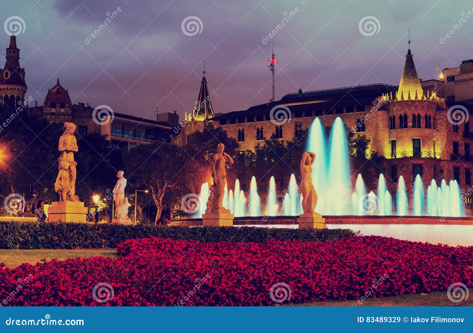 catalonia square in night barcelona, spain