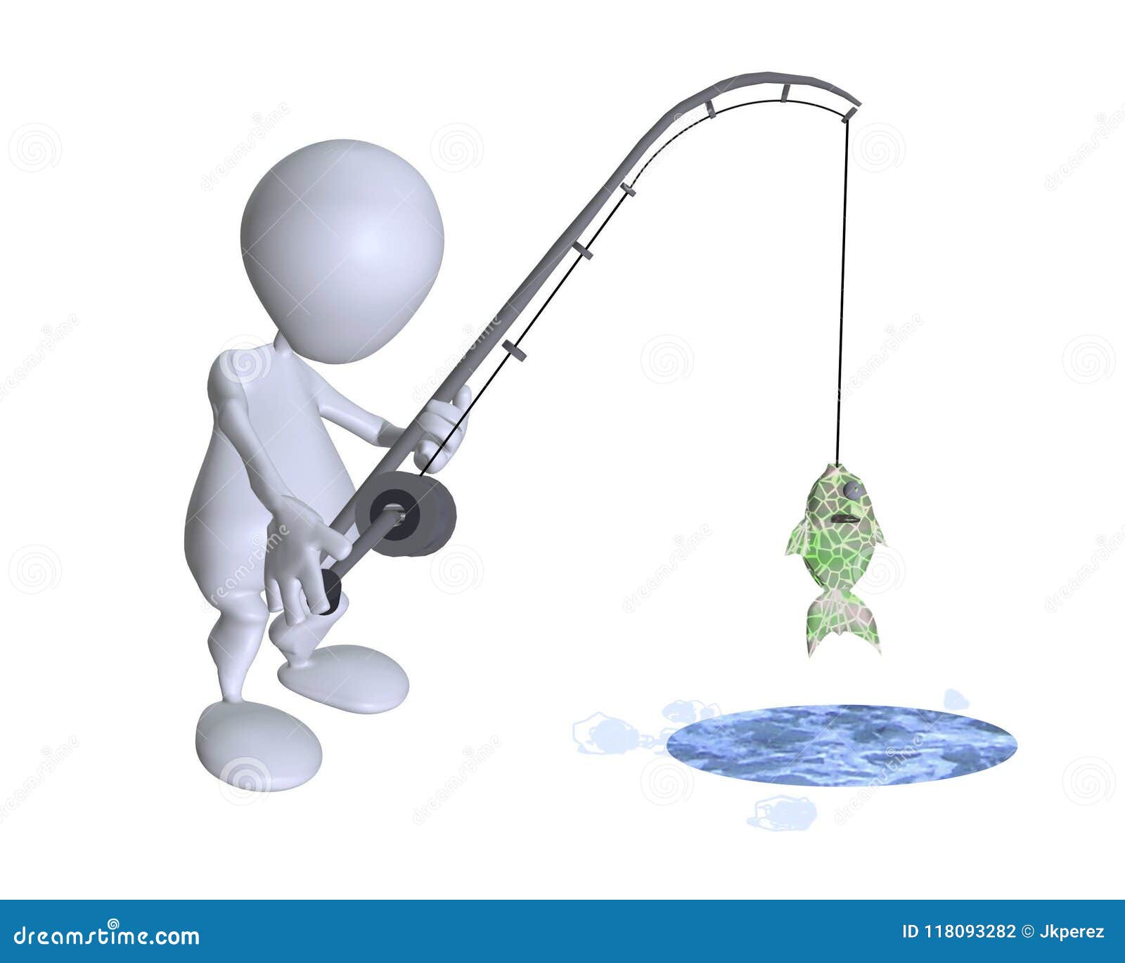 A 3d Man Fishing And Catching A Fish Stock Photo