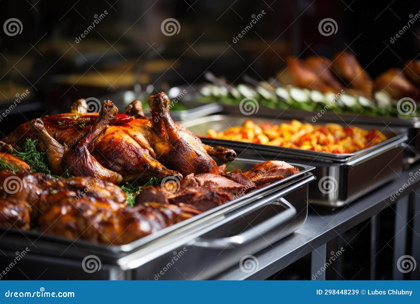 Catering Buffet Food on a Long Table in a Hotel Restaurant Stock