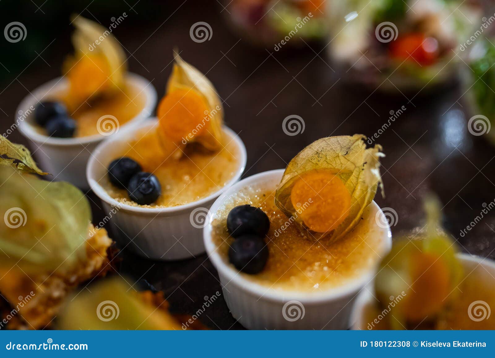 Catering. Small Plates with Dessert. Different Focus. Stock Photo