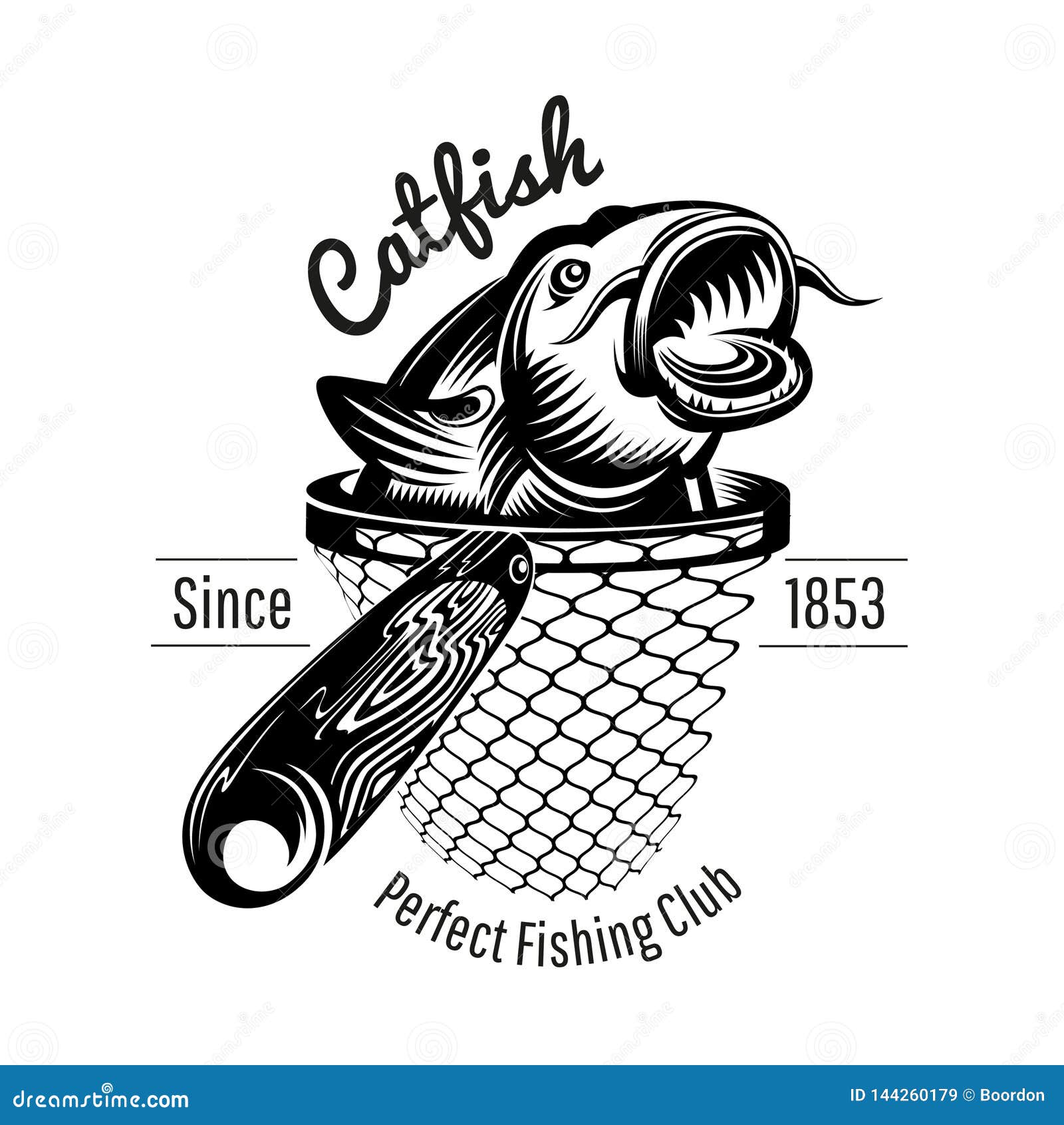 Catfish Head Up from Landing Net in Engraving Style. Logo for