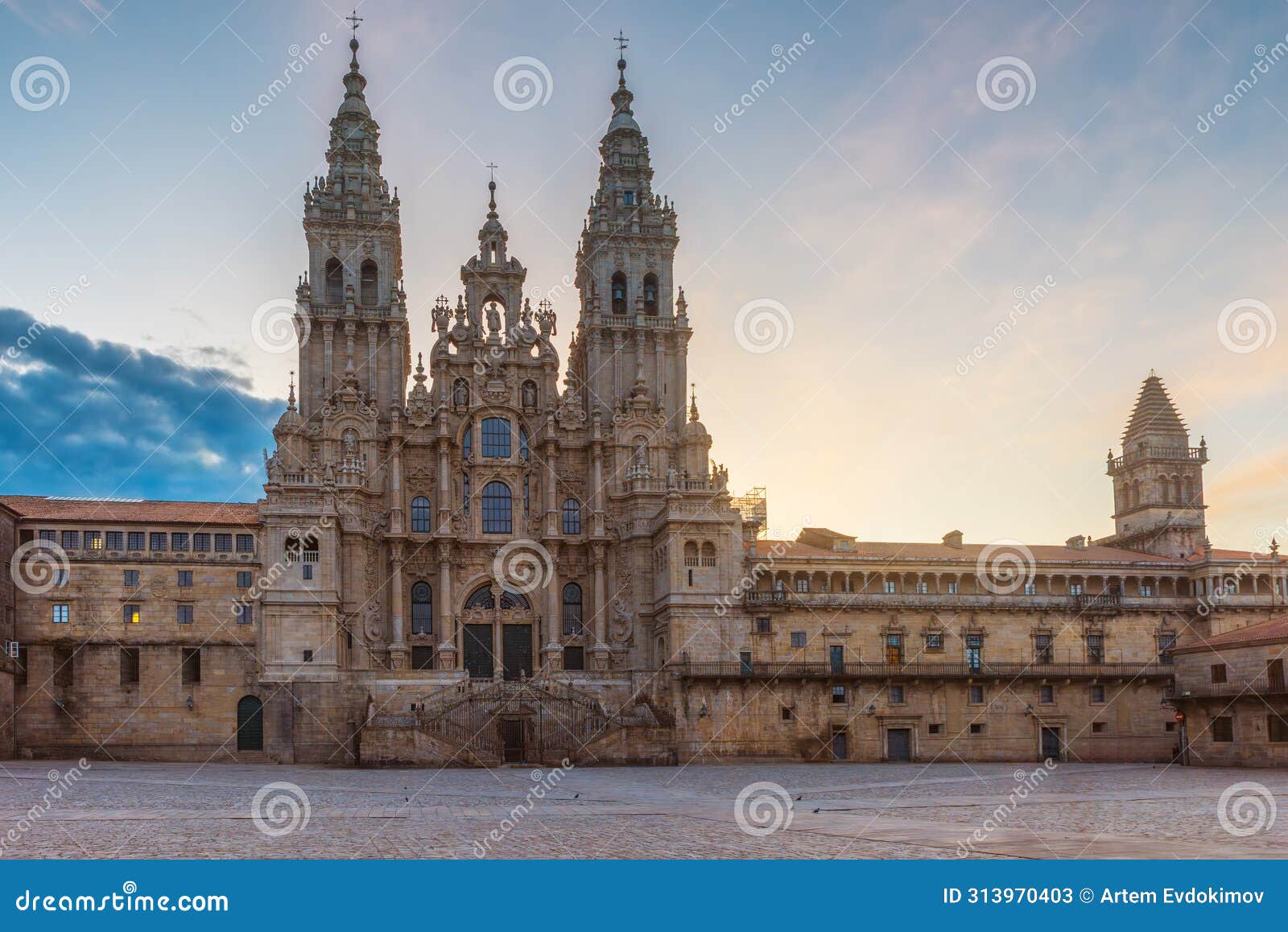 cathedral of santiago de compostela at sunrise from main square praza do obradoiro, galicia, spain. facade of famous