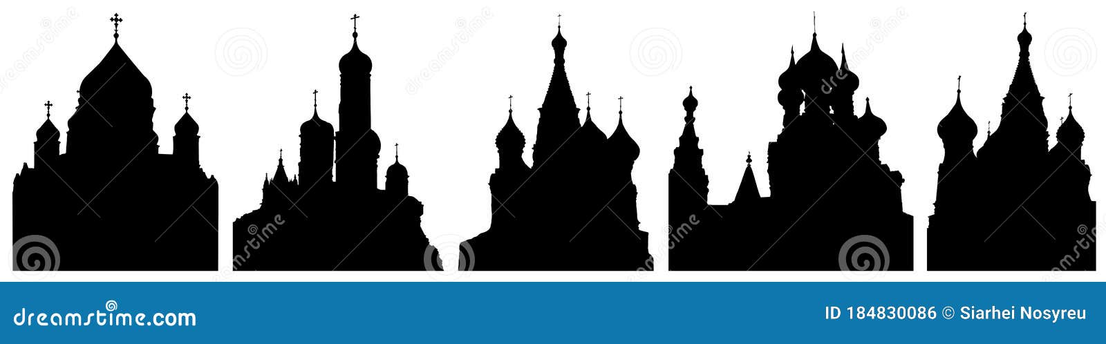 cathedrals or churches of moscow in russia, set of silhouettes.  