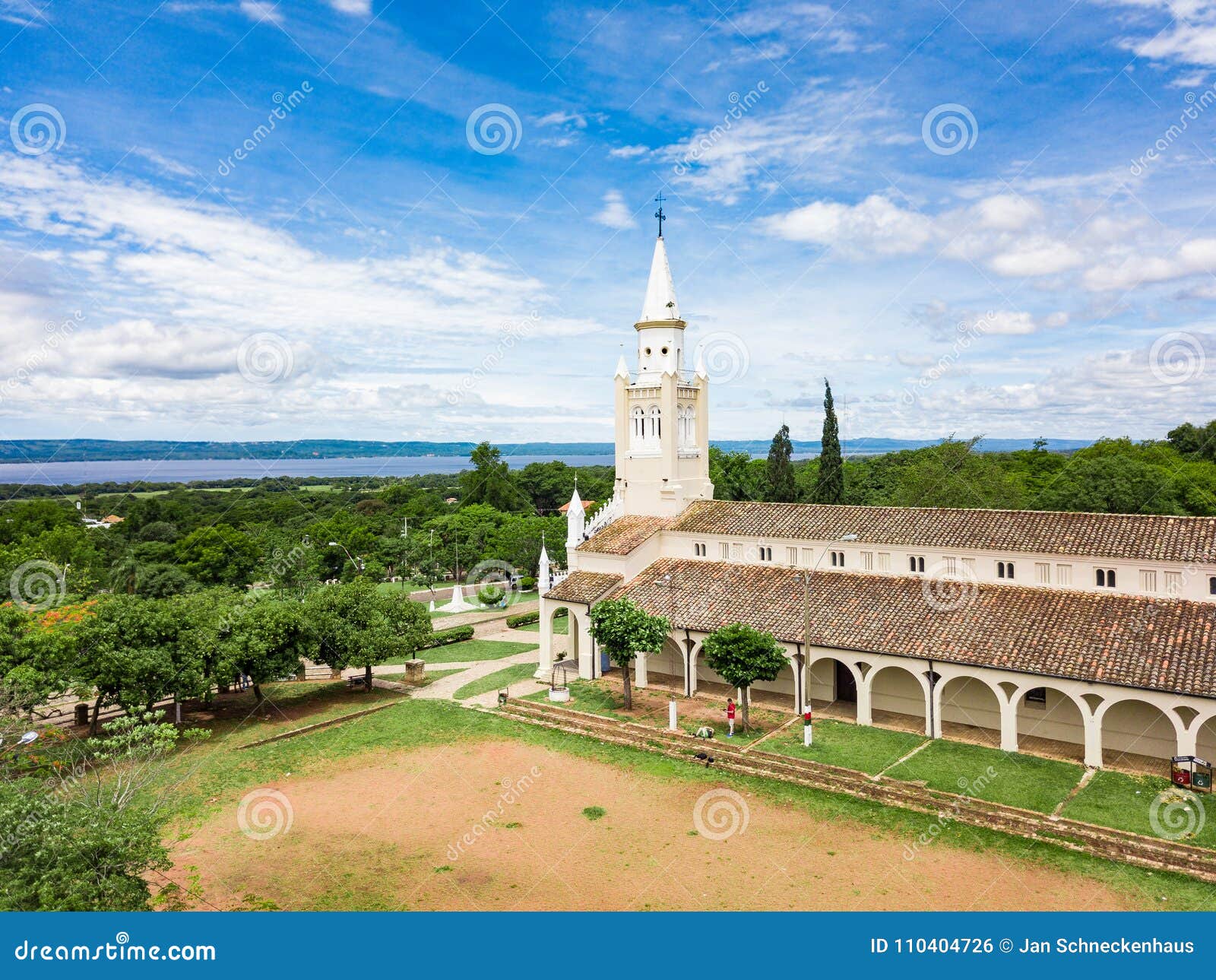 the catholic church `iglesia virgen de la candelaria` of aregua in paraguay overlooking lake ypacarai