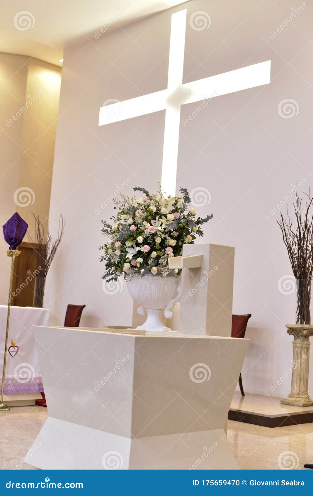 Catholic Church Prayer Altar with Flower Arrangements and Cross in the  Background Stock Photo - Image of inside, interior: 175659470