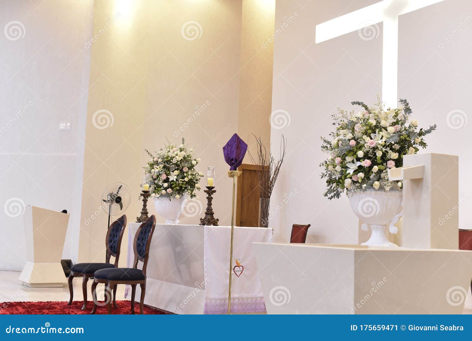 Catholic Church Prayer Altar with Flower Arrangements and Cross in the  Background Stock Image - Image of celebration, green: 175659471