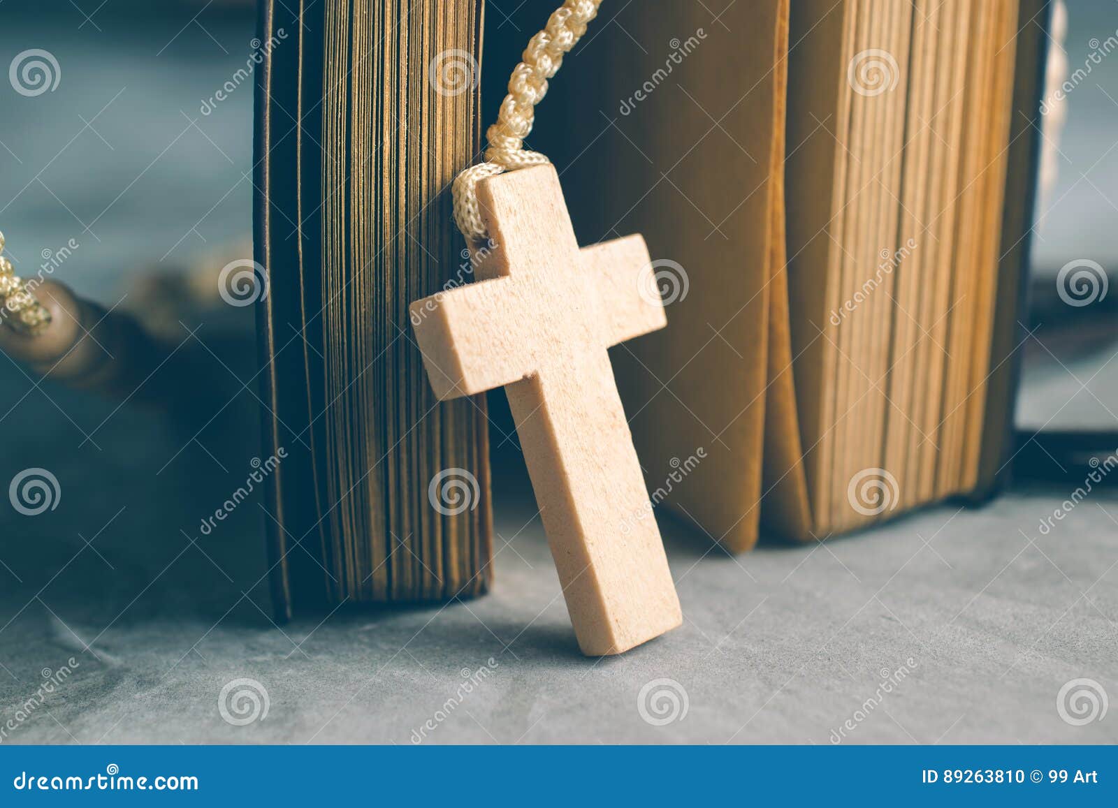 Catholic Rosary Beads With Old Book On Cement Table Prayer, Rosa Stock