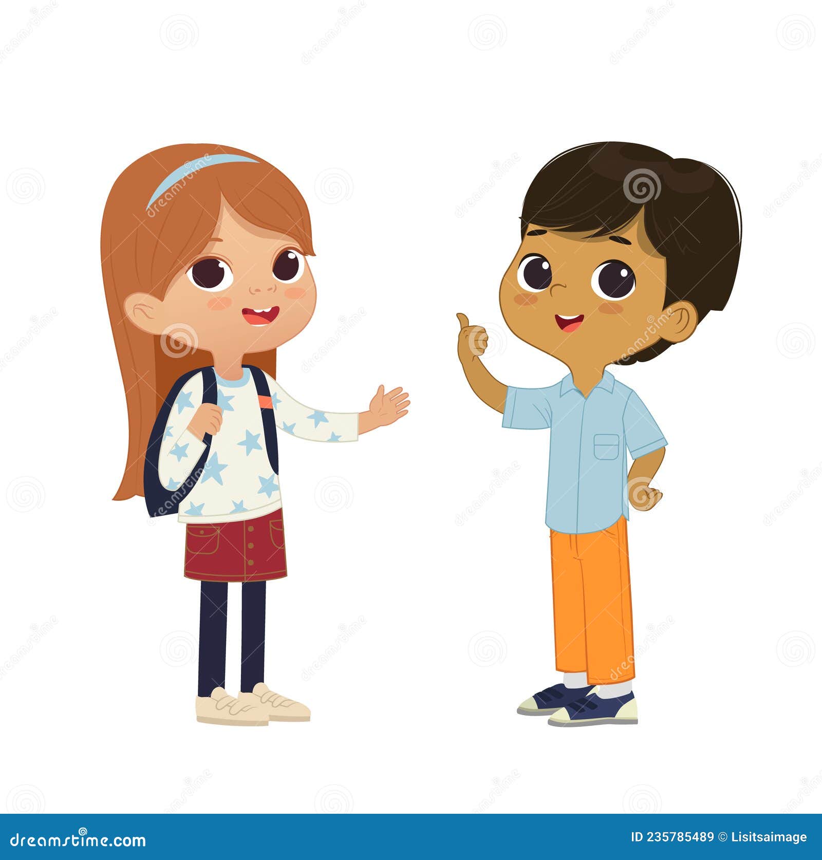 Cartoon Vector Illustration of the Smiling Cute Boy and Girl Pointing ...