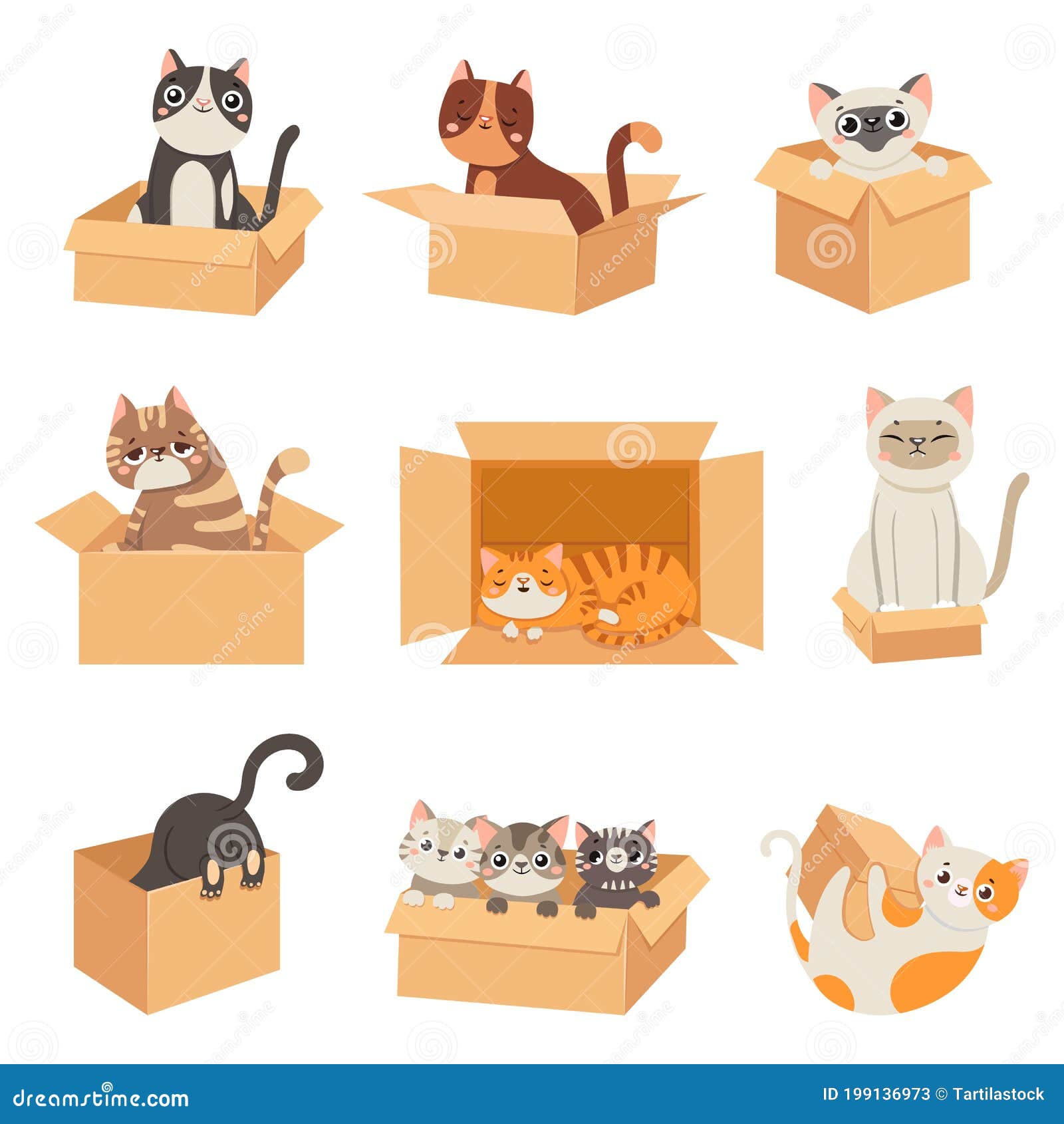 Cats In Boxes Cute Stickers With Cat Sitting Sleeping And Playing In Cardboard Box Funny Hiding Kittens Adopt Stock Vector Illustration Of Graphic Celebration 199136973