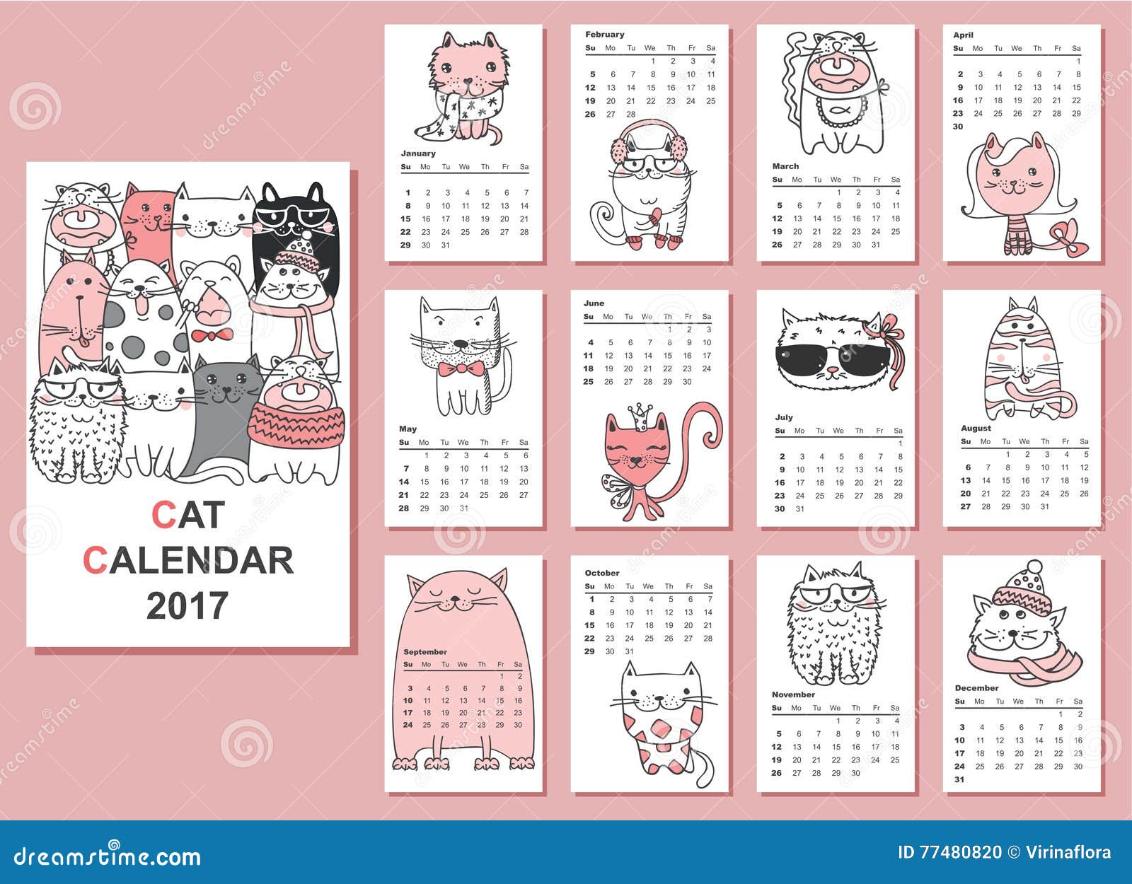 Cats calendar 2017 stock vector. Illustration of card - 77480820