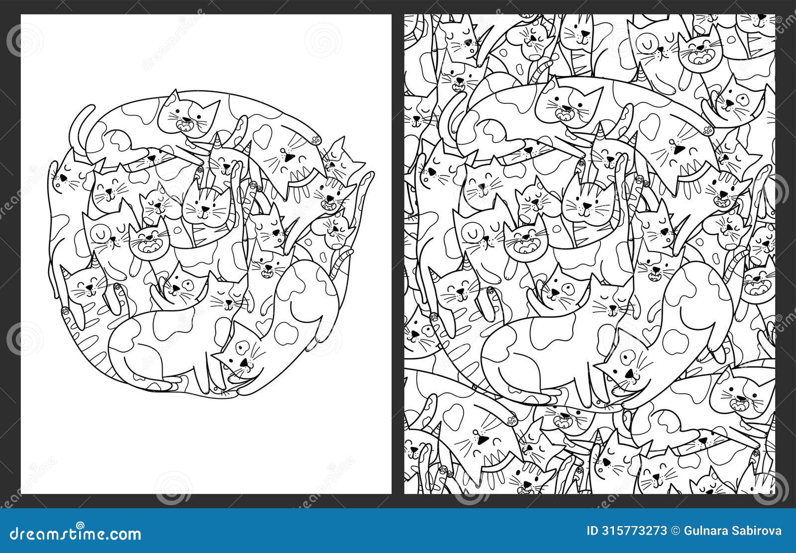 coloring pages set with cute cats. doodle feline animals templates for coloring book
