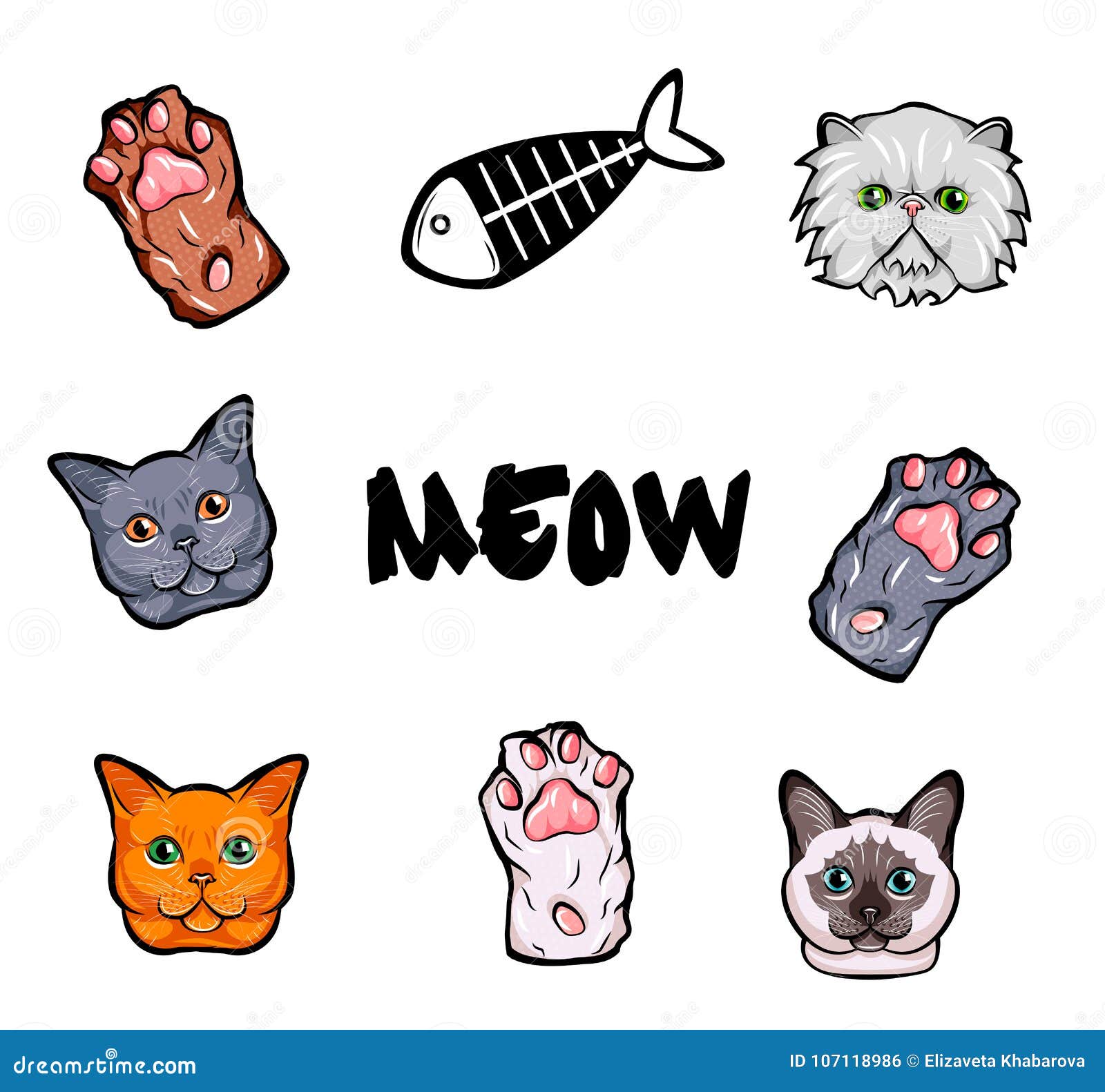 black face cat icon and text meow in the middle and white