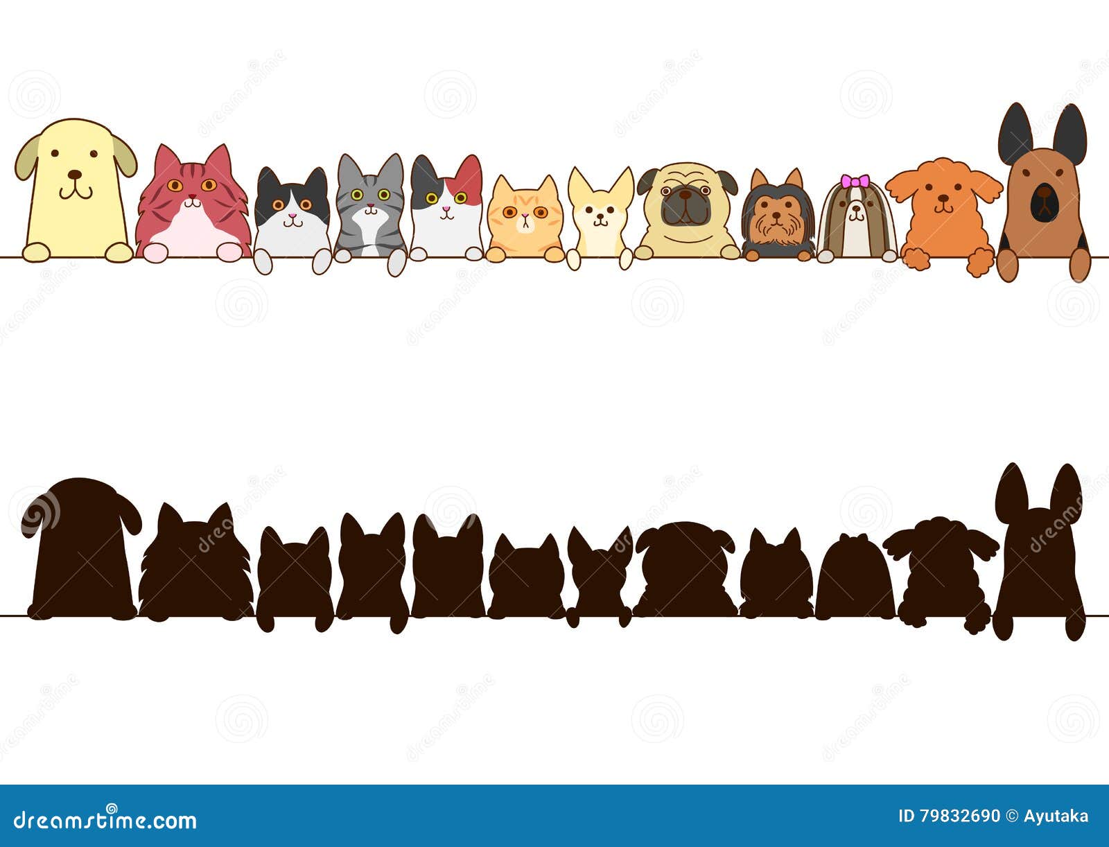 Cats and Dogs Border Set with Silhouette Stock Vector Illustration of animal, line 79832690
