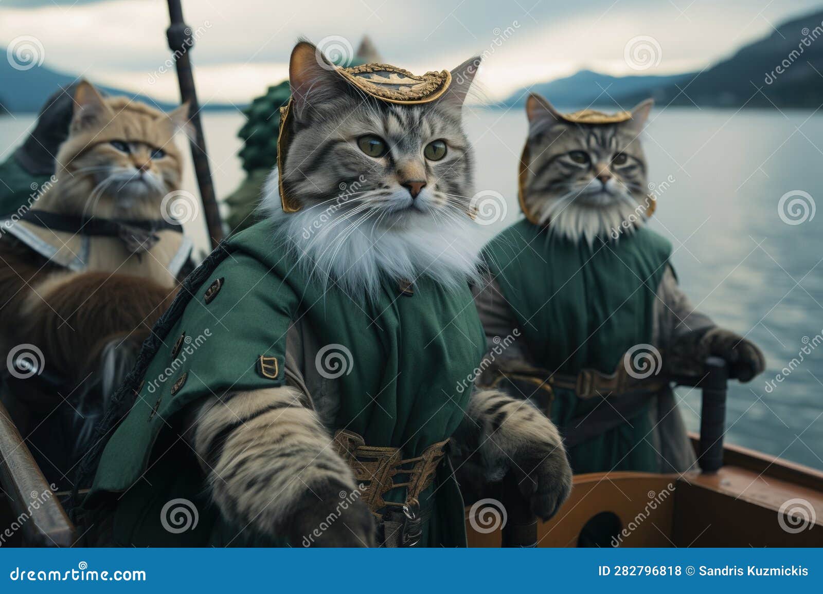 Cats Dressed As Vikings. Generative AI Stock Illustration