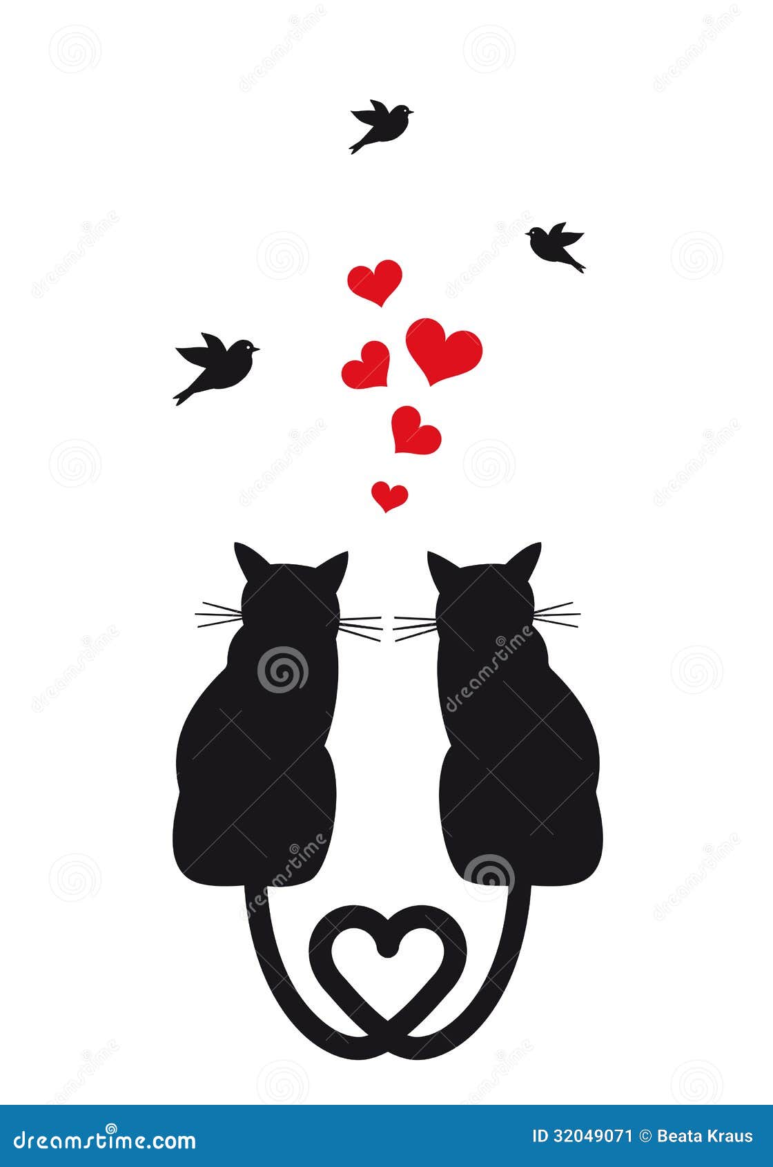 Silhouettes Of Two Sitting Cats Looking At Red Heart Pets Love