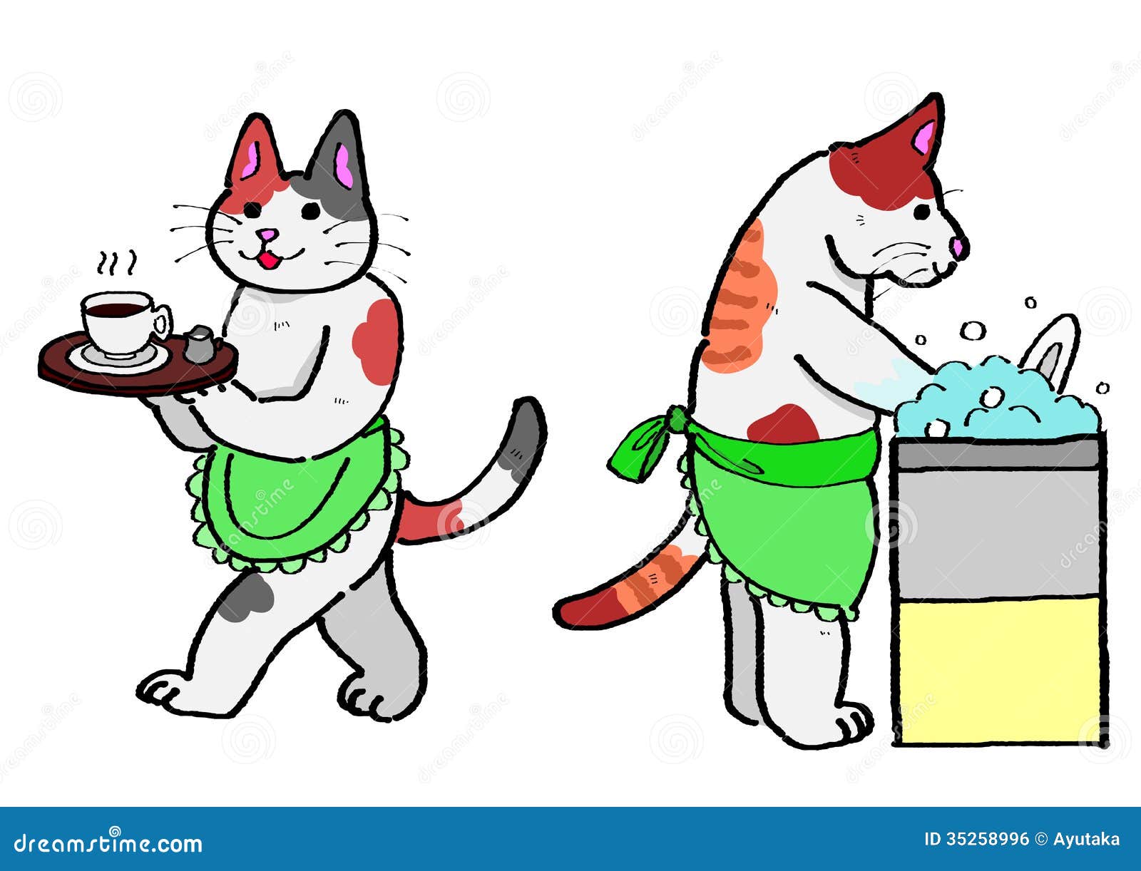  Cats  Serving Coffee washing  Dishes  Royalty Free Stock 