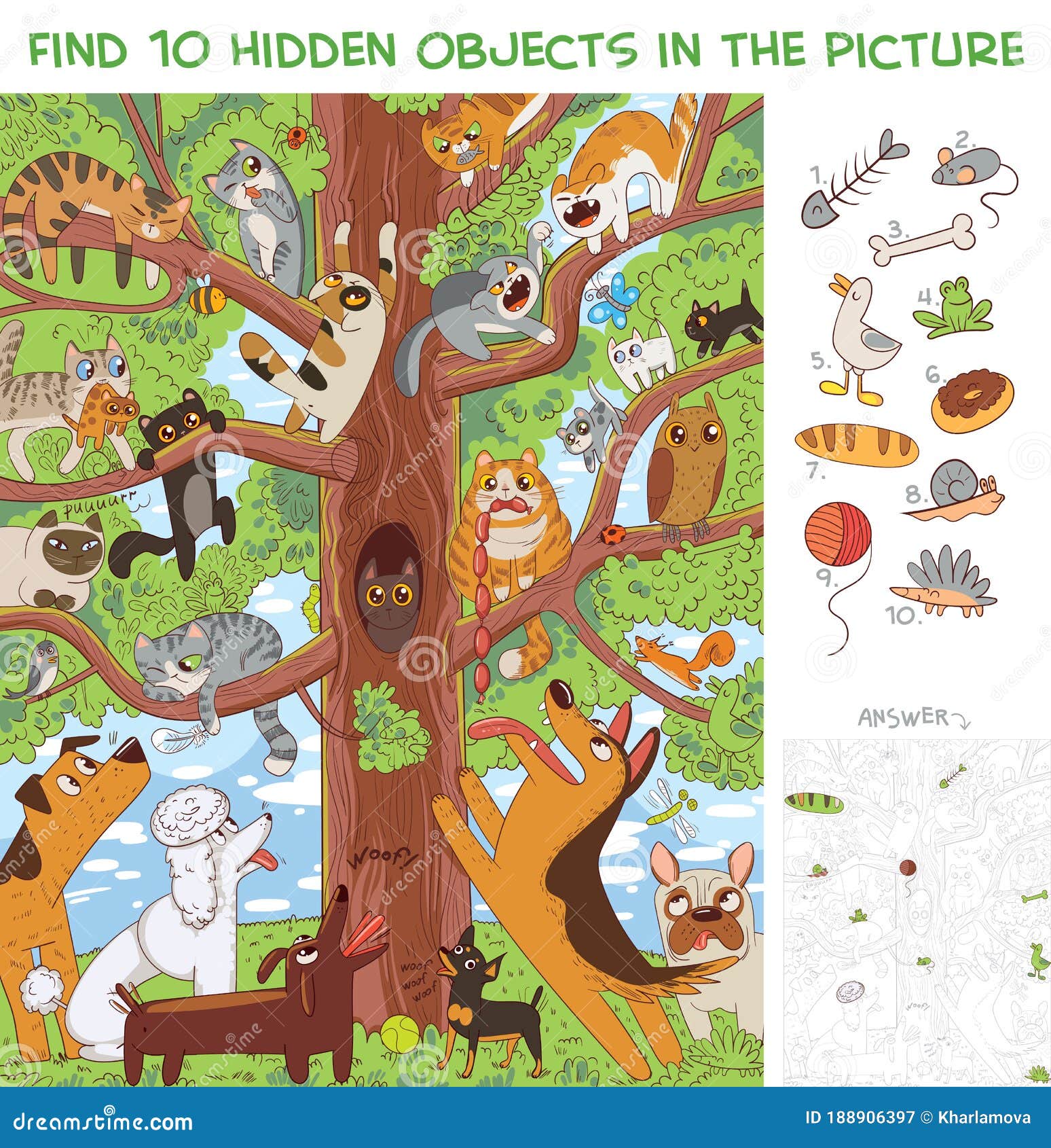 cats are sitting on a tree. find 10 hidden objects