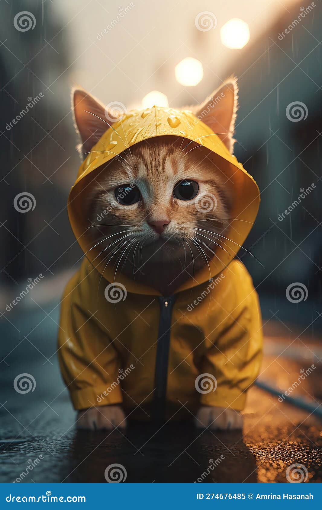 Cats in Yellow Raincoats on a Rainy Road. Generative AI Technology