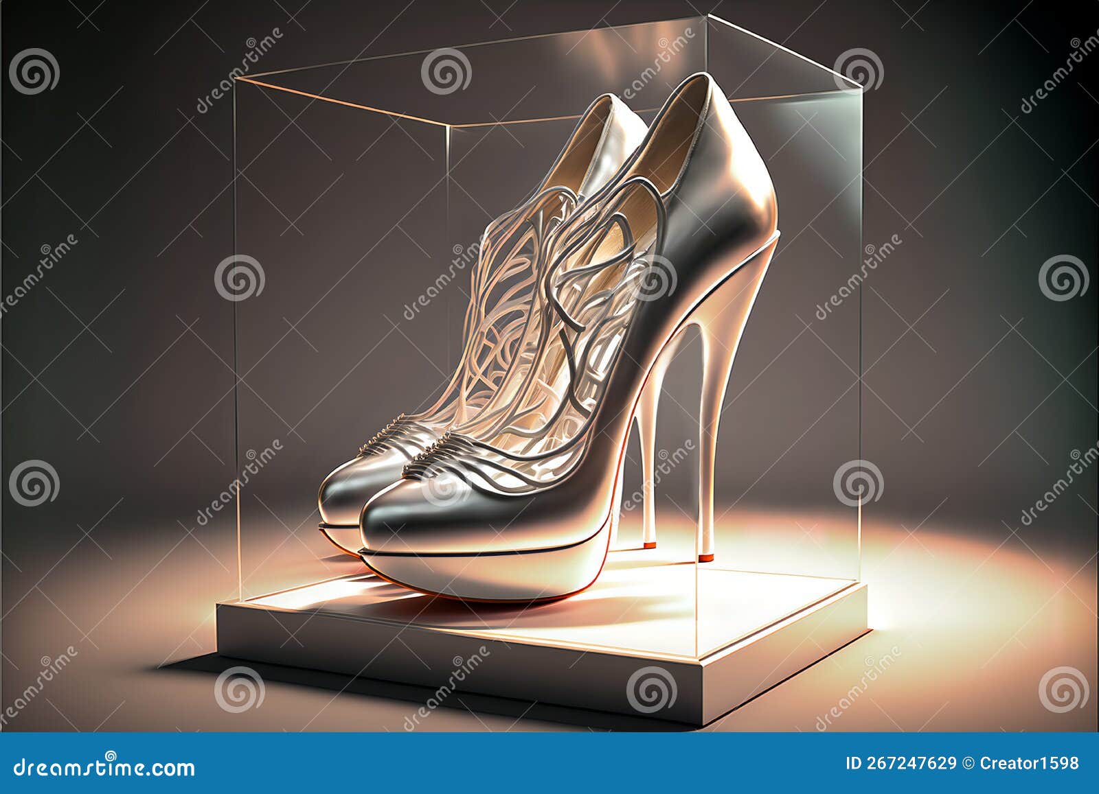 Catwalk with Beautiful Silver Heeled Shoes in a Glass Cube. Stock
