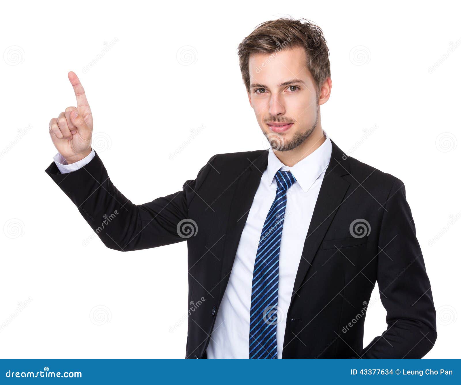 caucasian businessman with finger touch imagery panel