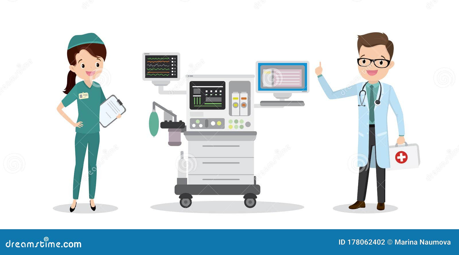 Caucasian Doctor And Nurse With Intensive Care Unit Vector Illustration ...