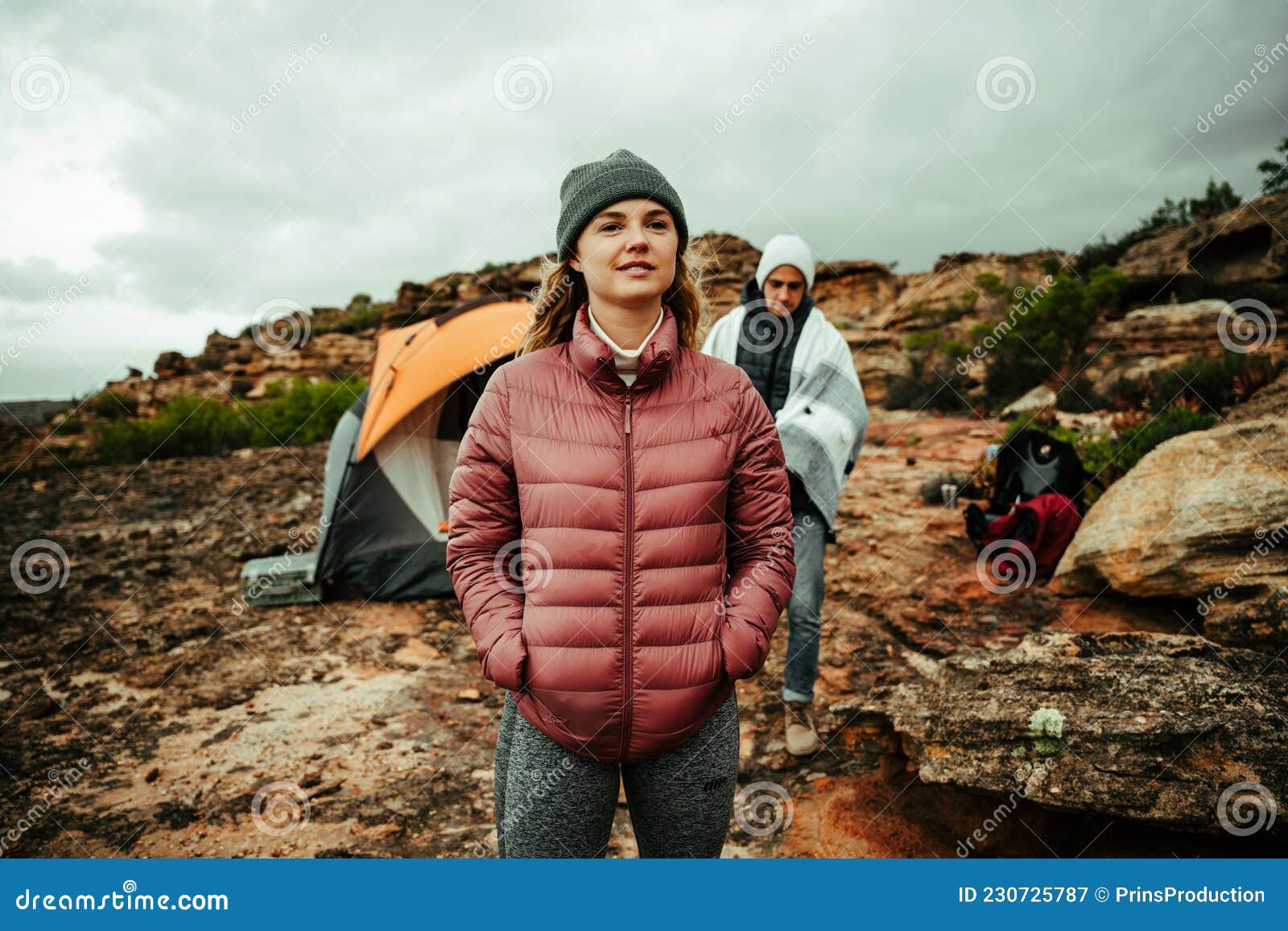 Caucasian Female Standing with Hands in Pockets Camping with Friends in  Mountain Stock Image - Image of camp, shelter: 230725787