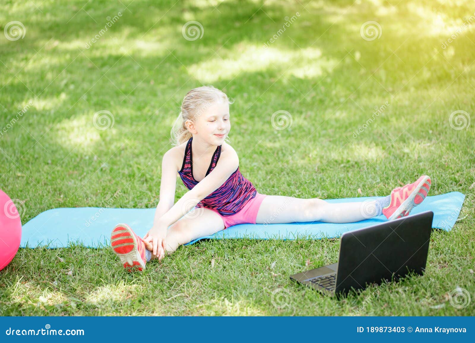 Caucasian Girl Child Doing Sport Workout Outdoor Online. Video Yoga ...