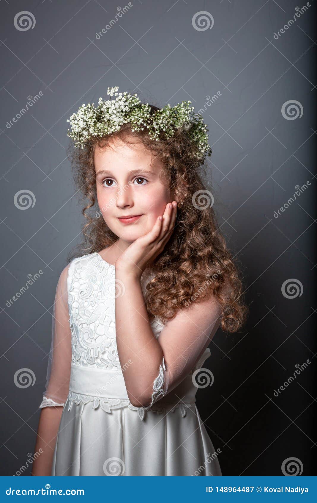 Caucasian Girl Wearing First Holy Communion Dress. Girl Preparing To Take First  Communion Stock Image - Image of confirmation, beautiful: 148964487