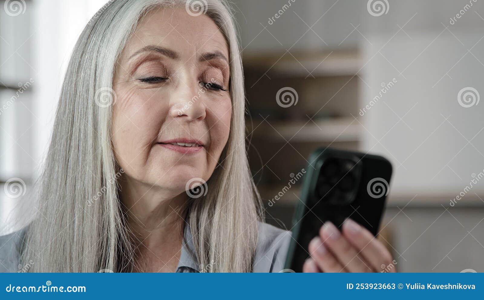 Caucasian Grey Haired Granny Old Woman Female Pensioner Use Portable